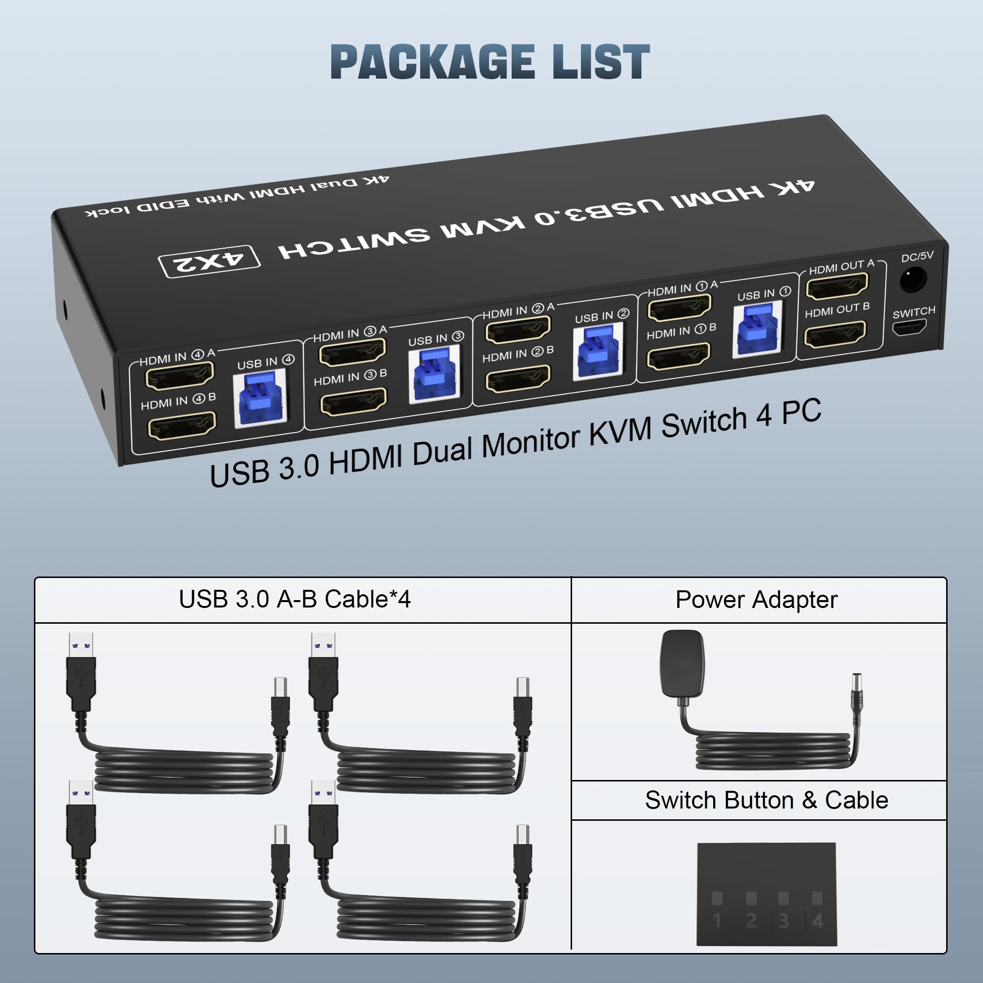 4K 60Hz USB 3.0 HDMI Dual Monitor KVM Switch for 4 Computers - EDID Support, Audio/Mic Output & 3 USB Ports | Perfect for Home Office, Gaming Setup & Multi-PC Workstations