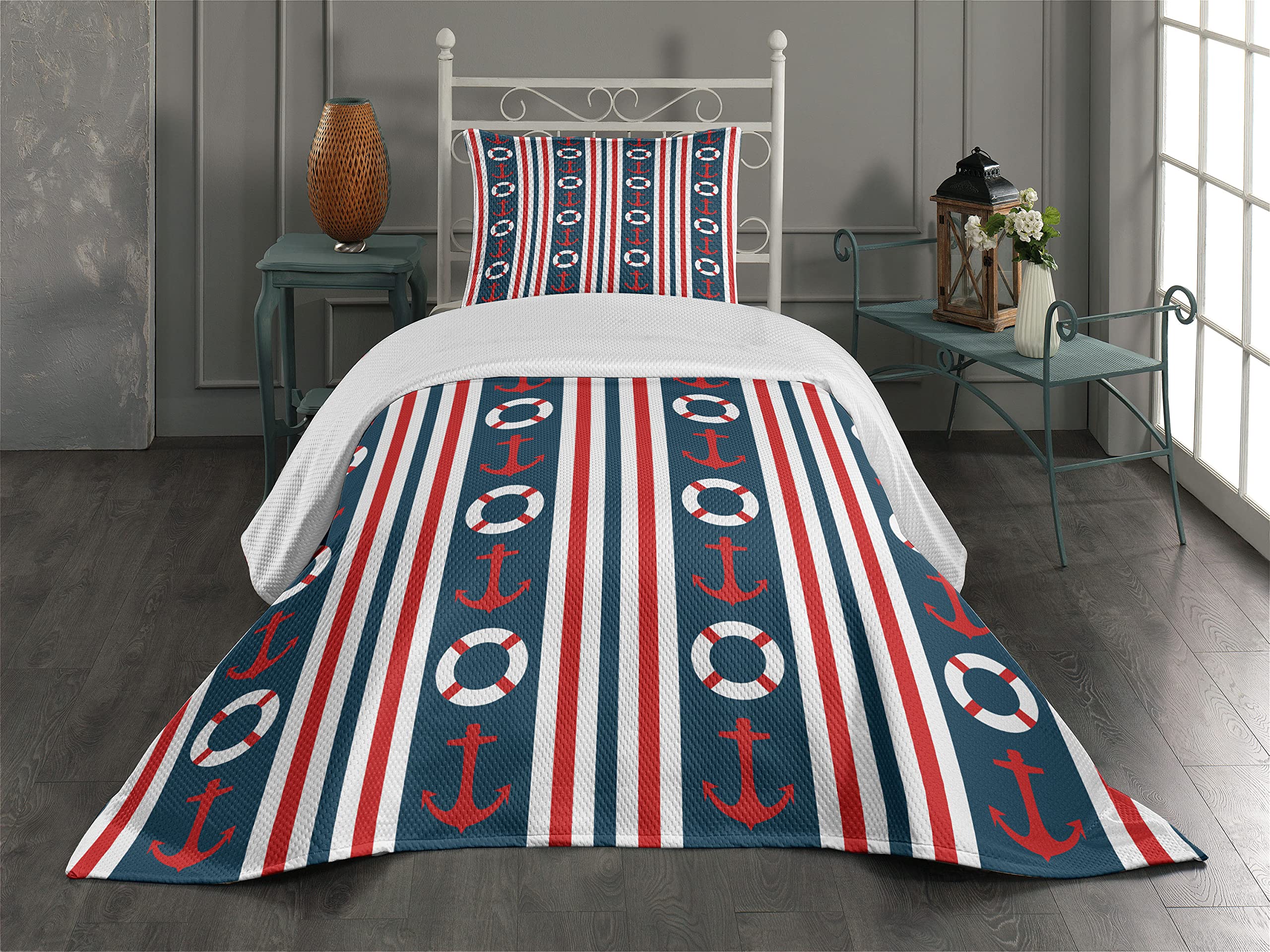 Ambesonne Nautical Twin Size Quilted Bedspread Set - 2 Piece Decorative Coverlet with Pillow Sham, Maritime Stripes Design Featuring Steering Wheel & Anchor Patterns in Indigo Red White - Perfect for Coastal Themed Bedrooms, Guest Rooms & Nautical Decor