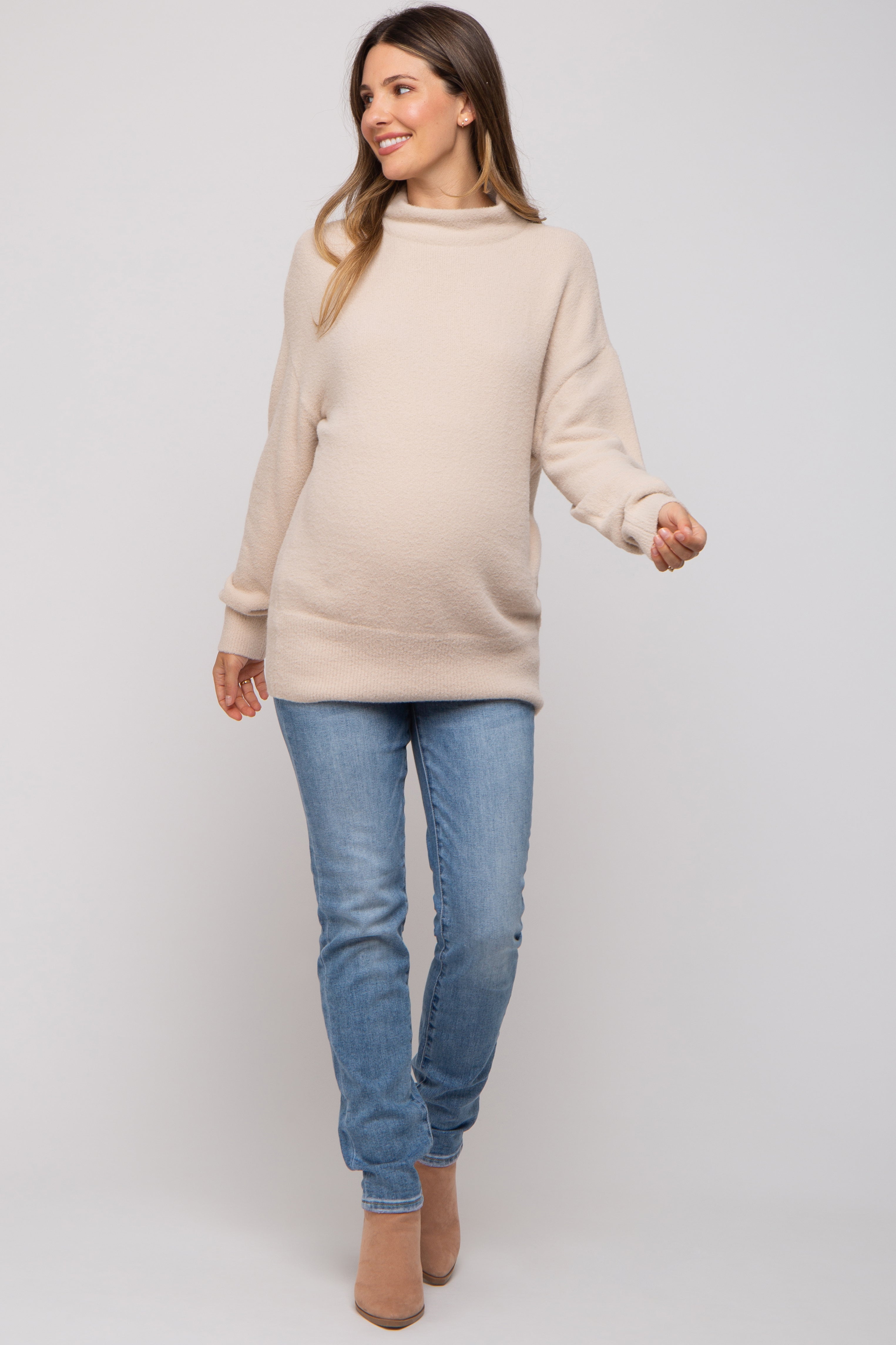 Cozy Beige Fuzzy Knit Mock Neck Maternity Sweater for Pregnancy - Soft Stretchy Long Sleeve Top for Expecting Moms | Perfect for Casual Wear, Baby Showers & Maternity Photos