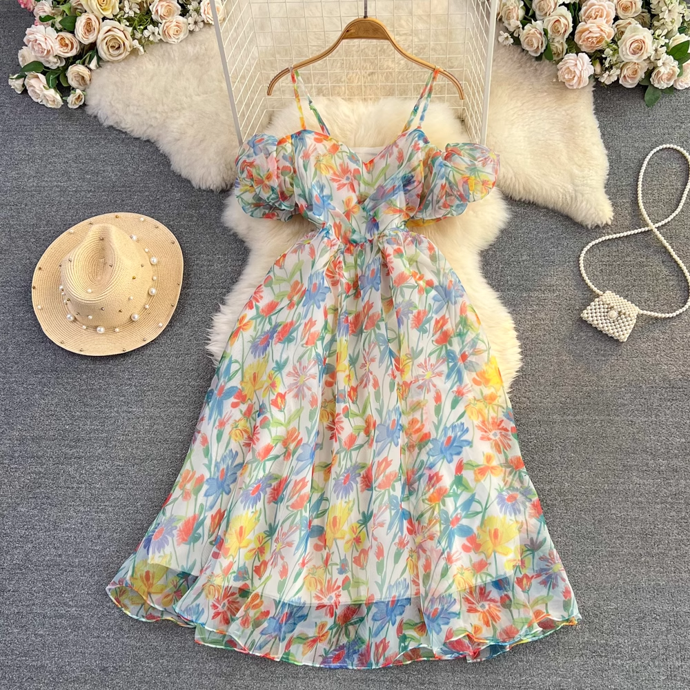 Fairy Floral Backless A-Line Printed Chiffon Dress for Women - Summer Flowy Party Dress with Floral Pattern | Perfect for Beach Weddings, Garden Parties & Date Nights