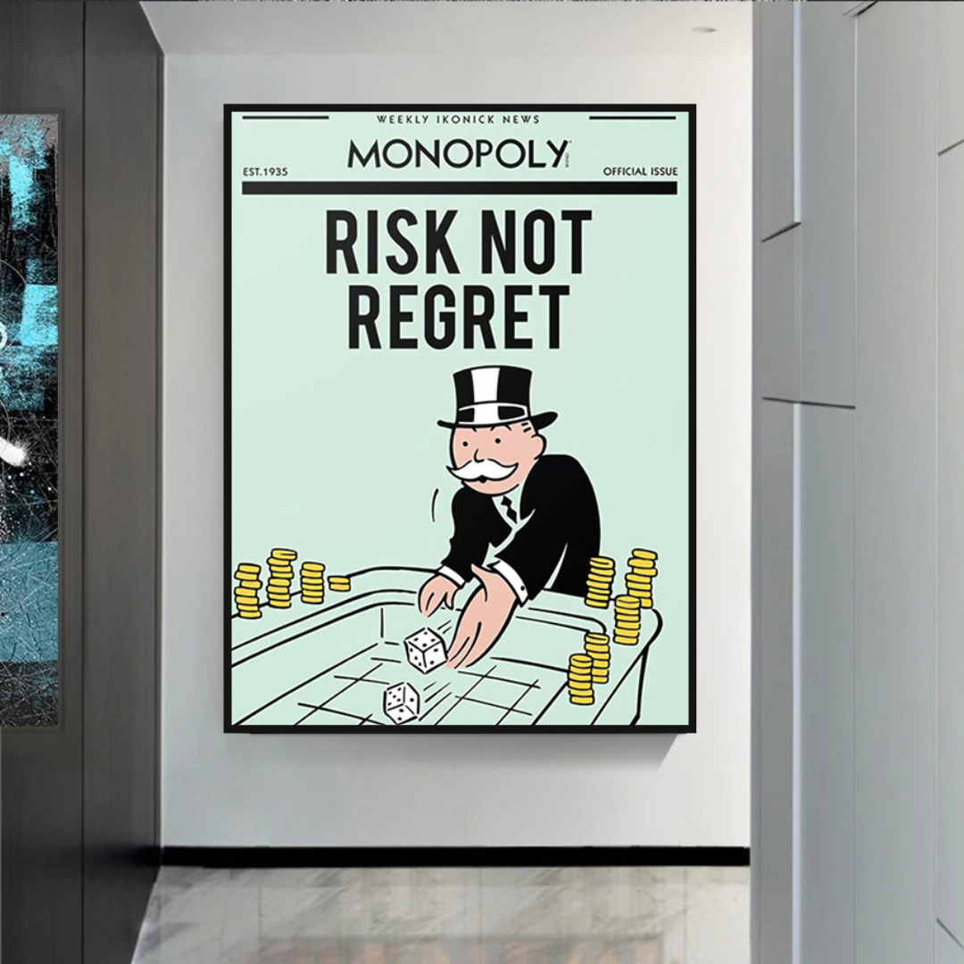 Alec Monopoly Risk Not Regret Playing Cards Canvas Wall Art - Pop Culture Home Decor for Living Room, Game Room & Office