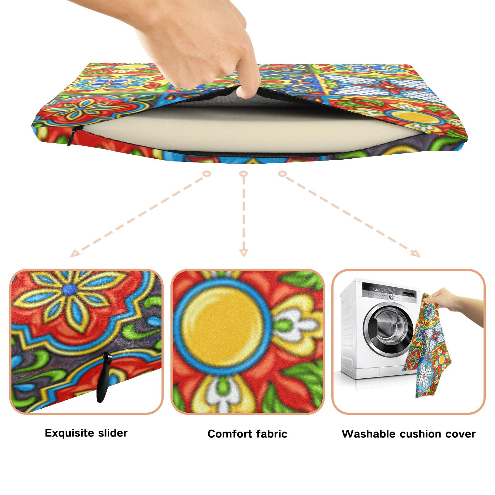 Emelivor Mexican Talavera Pattern Memory Foam Chair Cushion - Washable Seat Pad for Dining, Kitchen & Office Chairs - Comfortable Support for Home & Work