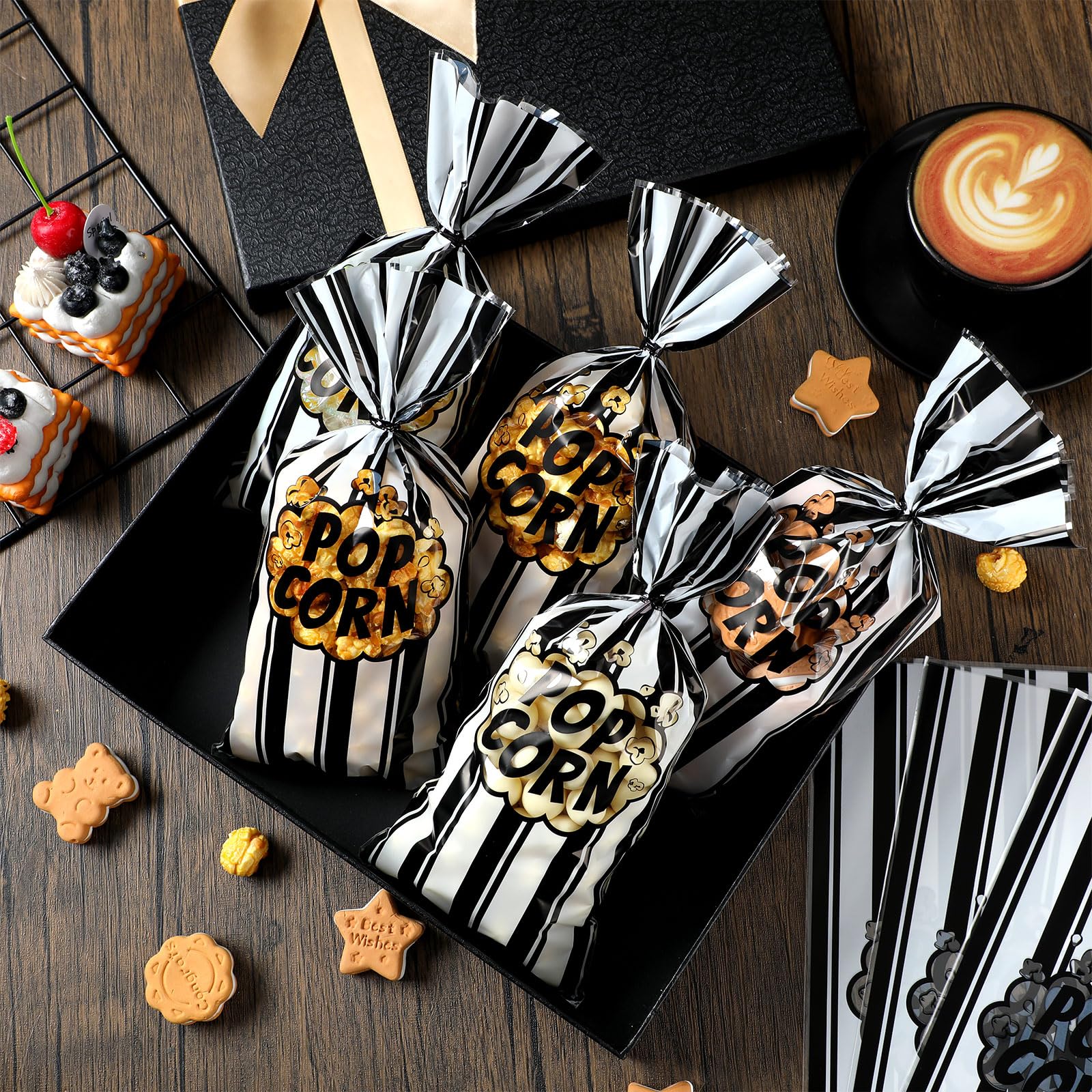 200pcs Popcorn Bags for Movie Night & Parties - Black White Stripe with Twist Ties