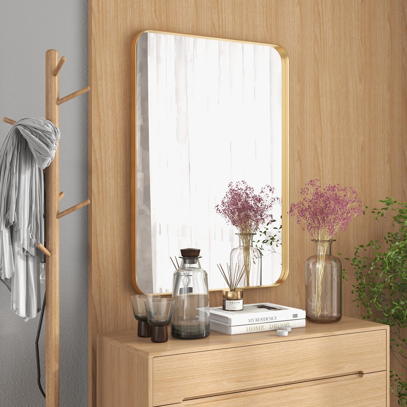 Tangkula 20 x 32 Inch Matte Gold Metal Framed Bathroom Mirror - Rust-Resistant Tempered Glass Wall Mirror for Bathroom Vanity, Horizontal or Vertical Hanging - Perfect for Modern Bathrooms, Powder Rooms & Dressing Areas