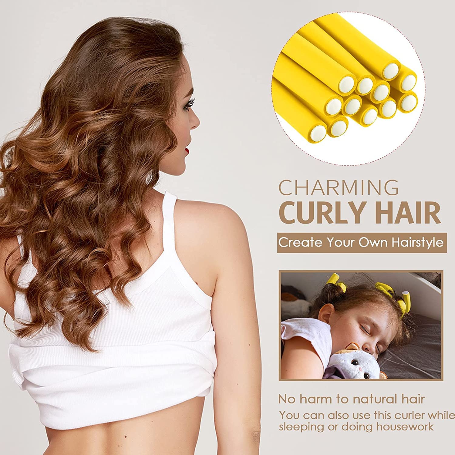 SIYAA 20-Piece Flexible Curling Rods Set - No Heat Soft Foam Hair Rollers & Twist Curlers with Steel Pintail Comb for Women & Girls (Yellow) - Perfect for Salon-Quality Curls at Home, Travel & Everyday Styling