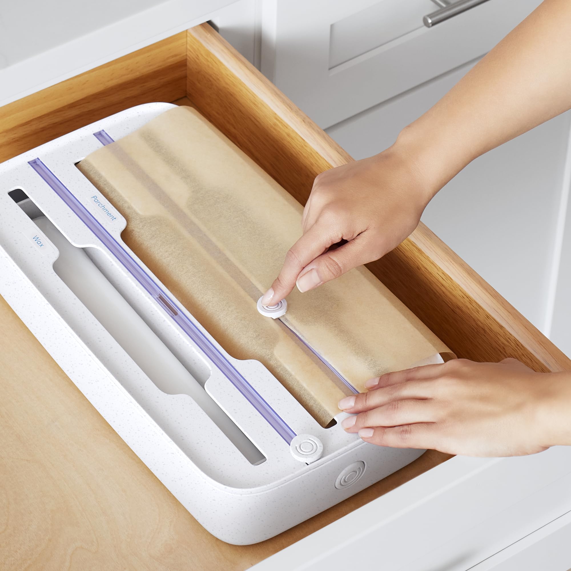 YouCopia StoraRoll 3-in-1 Wrap Dispenser & Drawer Organizer - Holds Foil, Plastic Wrap, Parchment & Wax Paper with Built-in Safety Cutters & Labels - Perfect Kitchen Organization for Baking, Meal Prep & Food Storage