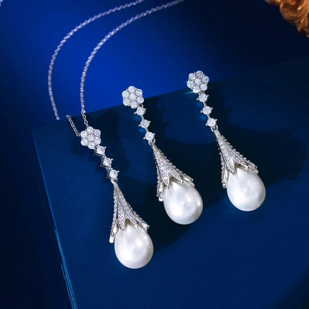 Anjou Pearl and Cubic Zirconia Bridal Jewelry Set - Wedding Necklace & Earrings for Bride, Bridesmaids, and Formal Occasions