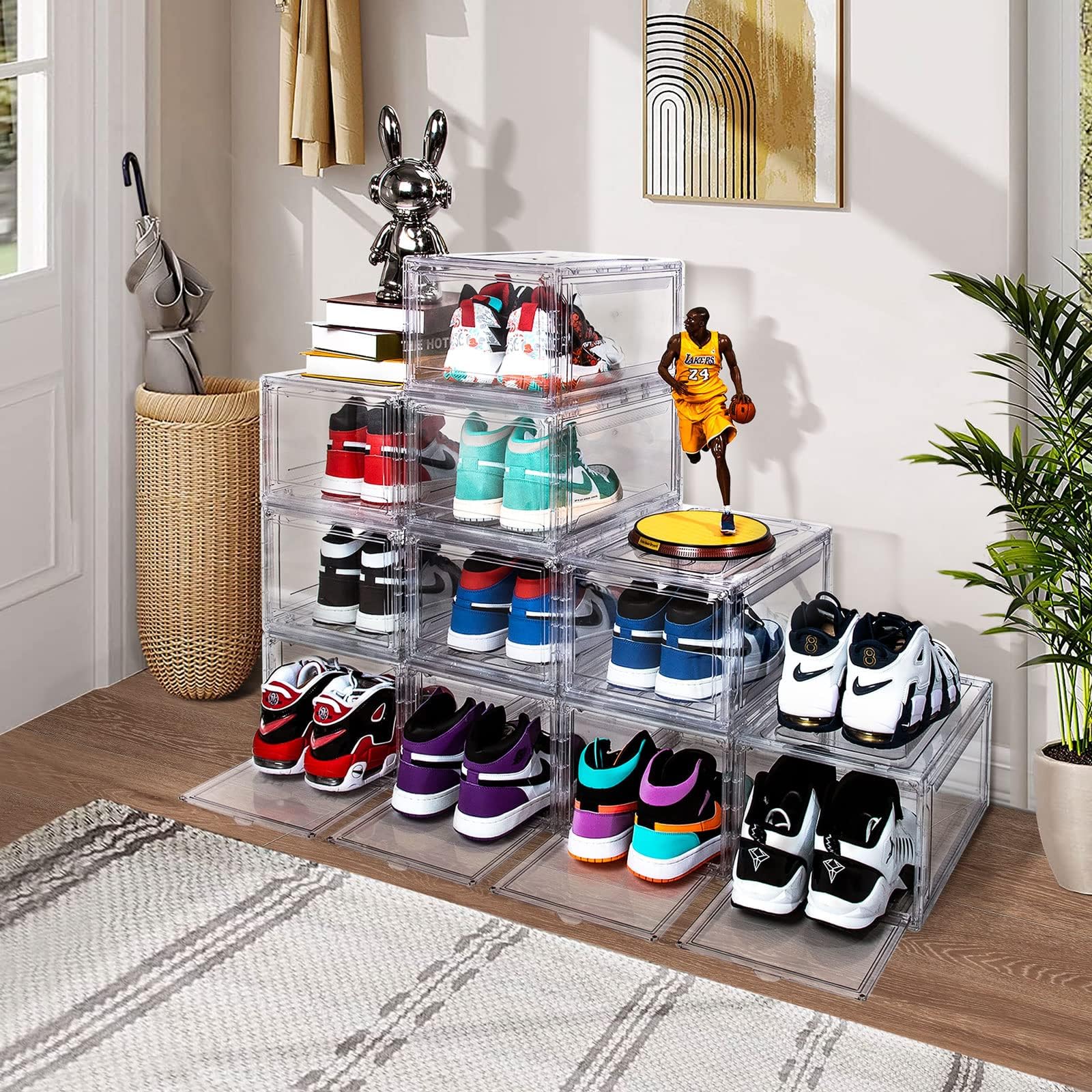 12 Pack Clear Acrylic Shoe Storage Boxes - Drop Front Stackable Sneaker Organizer for Size 15 | Perfect for Closet Organization, Sneaker Collection Display & Shoe Rack Storage