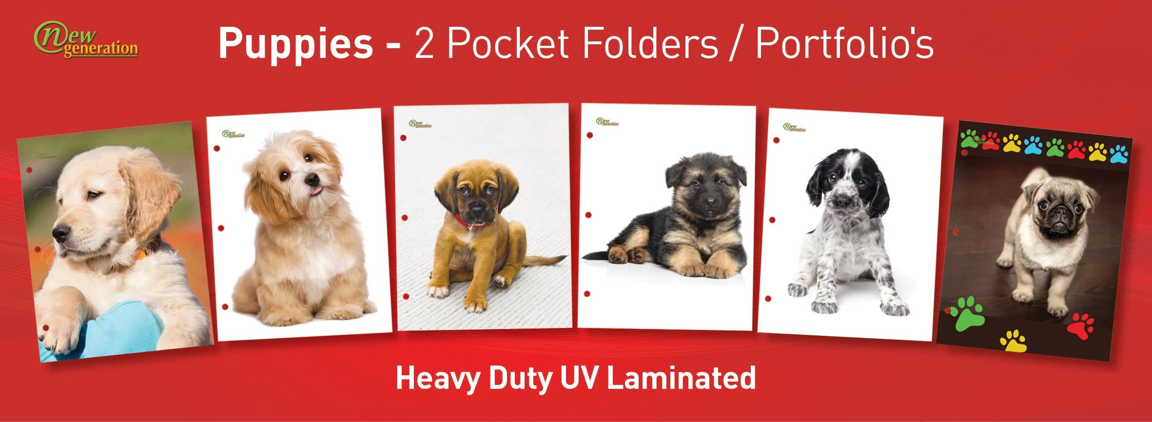 Premium 6-Pack Letter Size 2-Pocket Folders for Puppies - Heavy Duty Glossy UV Laminated with 3-Hole Punch - Assorted Fashion Designs - Perfect for School, Office & Pet Lover Organization