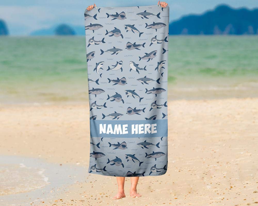 Custom Personalized Shark Pattern Beach Towel for Kids & Adults - Soft Absorbent Travel, Pool, Bath Towel for Toddler Baby Boys & Girls - Perfect for Swimming, Beach Trips, and Bath Time