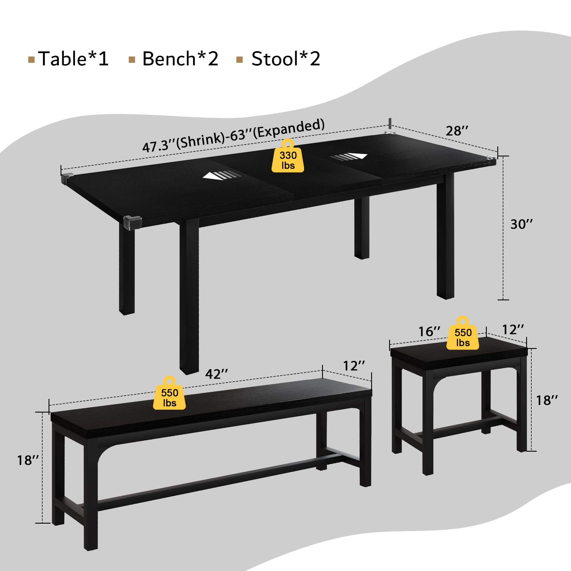 iPormis 5-Piece Extendable Dining Table Set for 4-8 People - Mid-Century Modern Kitchen Table with 2 Benches & 2 Stools, Space-Saving Black MDF Board & Metal Frame - Perfect for Small Apartments, Breakfast Nooks, and Family Gatherings