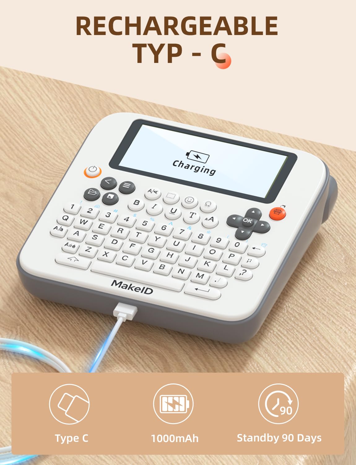 Makeid E1 Bluetooth Label Maker - Rechargeable QWERTY Keyboard Label Printer with 3.4