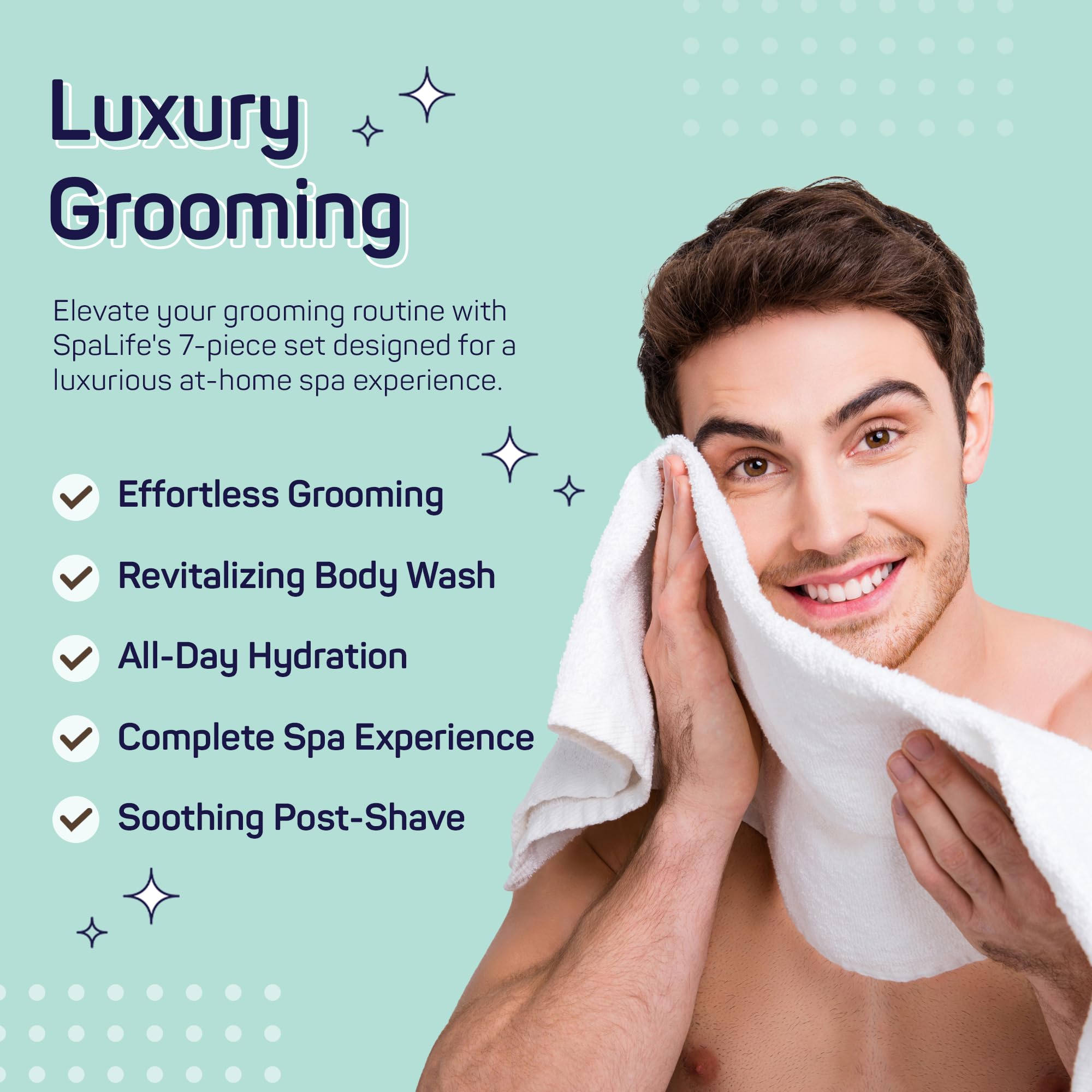 SpaLife 7-Piece Men's Grooming Gift Set - 2-in-1 Shampoo & Conditioner, Body Wash, Daily Moisturizer, Post-Shave Lotion, Bath Sponge & Foot Stone | Perfect for Home Spa, Self-Care Routine & Gifts for Men