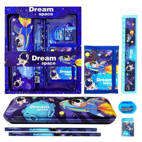 FETE PROPZ Space Stationery Kit for Boys - 7 Pc Blue School Supplies Set with Pencil Box, Wallet, Eraser & Sharpener | Perfect Return Gifts for Birthday Parties & Back to School