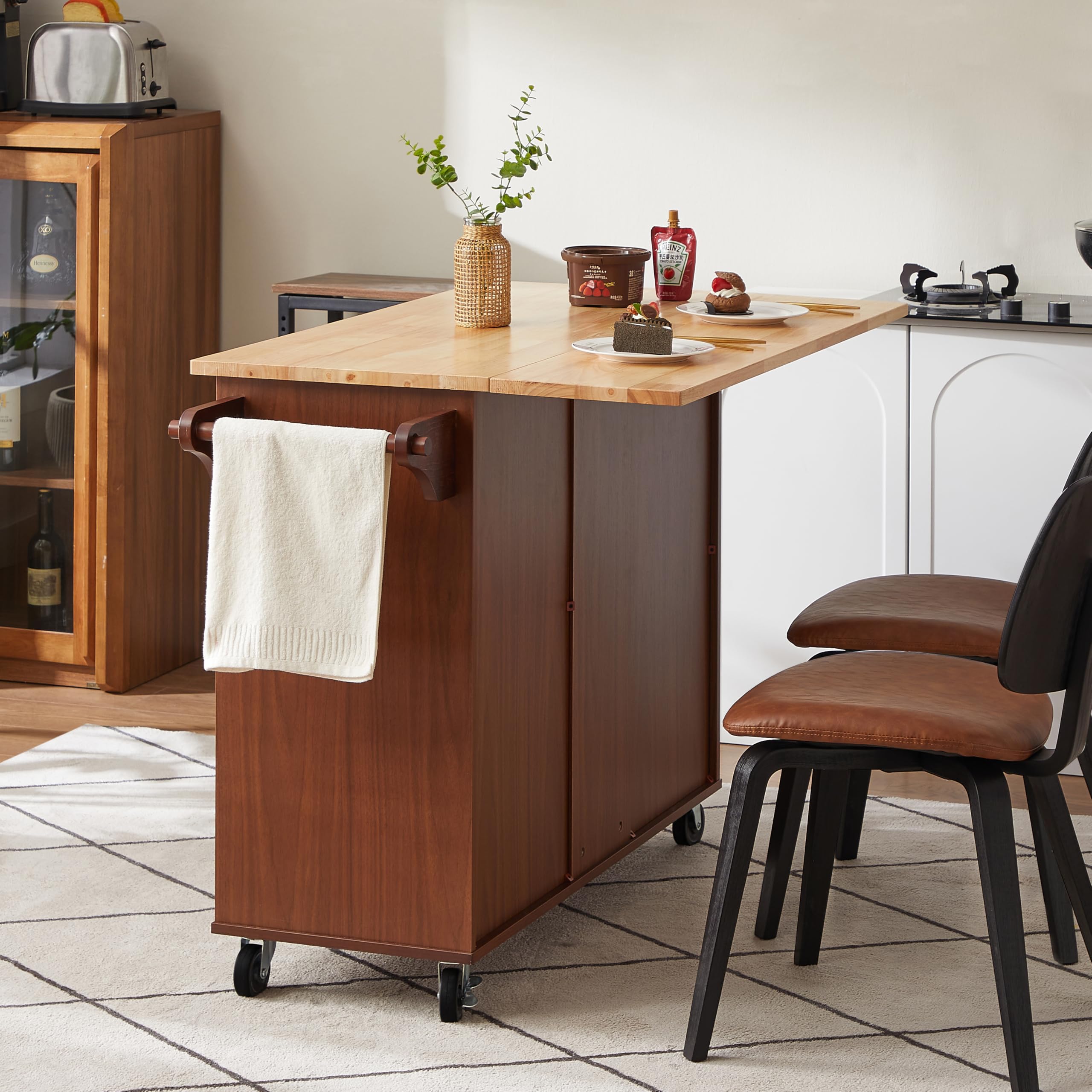 **Rolling Kitchen Island with Storage - Drop Leaf Countertop, Spice Rack, Wheels & Drawers - Mobile Kitchen Cart for Small Spaces, Apartments & Home Cooking (Brown)**    *(Ideal for meal prep, extra counter space, and organizing spices & utensils in compact kitchens.)*