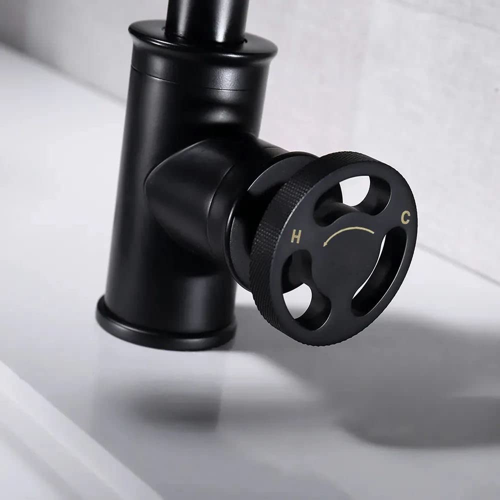 KunMai Matte Black Single Handle Bathroom Sink Faucet - Industrial Pipe Style Brass Vessel Faucet for Lavatory - Perfect for Modern Farmhouse, Loft & Industrial Bathroom Decor