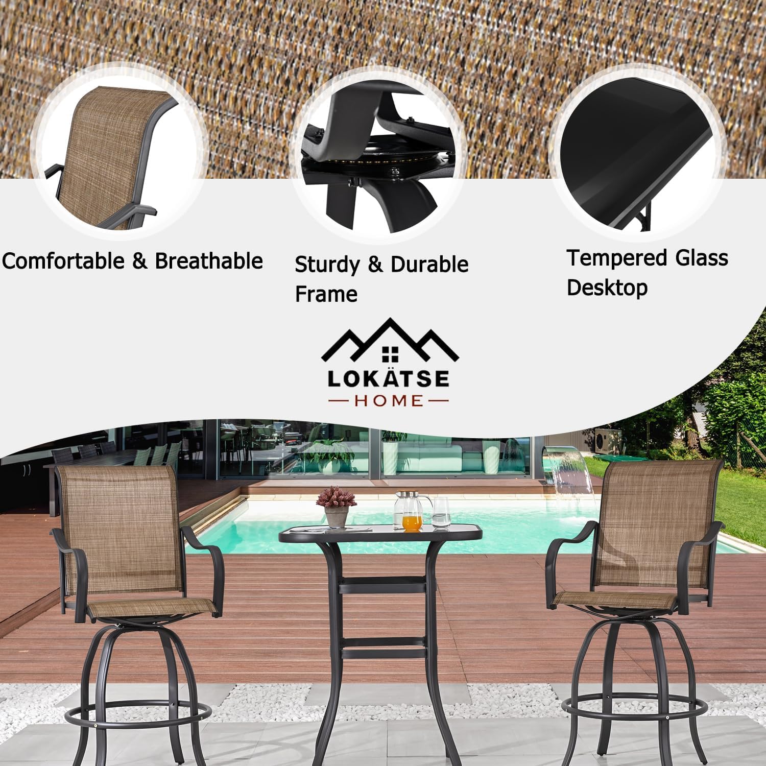 LOKATSE HOME 3-Piece Outdoor Bar Set with Table and 2 Chairs, Patio Bistro Set, Bar Height Counter Table and Stools - Perfect for Backyard, Garden, Deck, and Poolside Relaxation