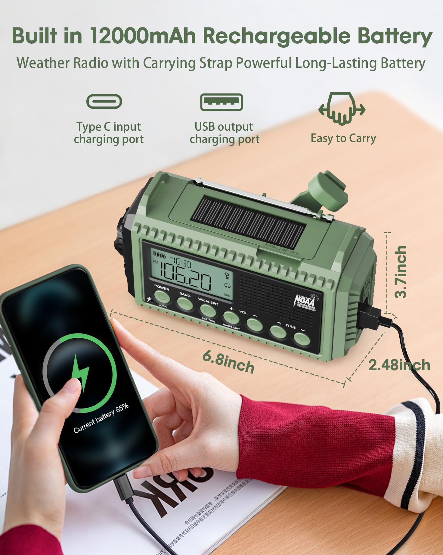 12000mAh Solar Hand Crank Emergency Weather Radio - NOAA/AM/FM/Shortwave, Reading Lamp, Flashlight, SOS Alarm, USB Charger for Outdoor Camping, Hiking & Emergency Survival Kits