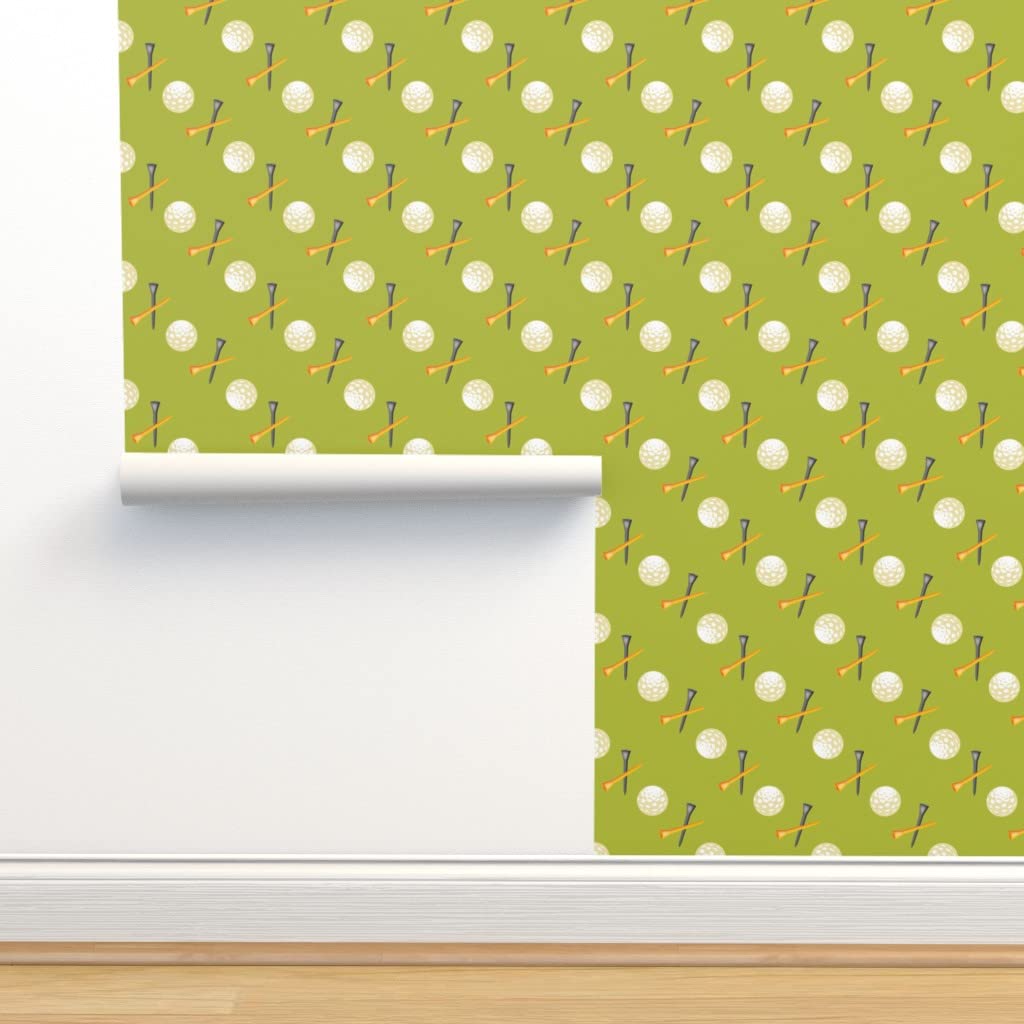 Peel & Stick Removable Wallpaper - 12ft x 2ft Golf Ball Design in Green & White | Custom Sports Theme Wall Decor by Spoonflower | Perfect for Game Rooms, Man Caves & Office Spaces