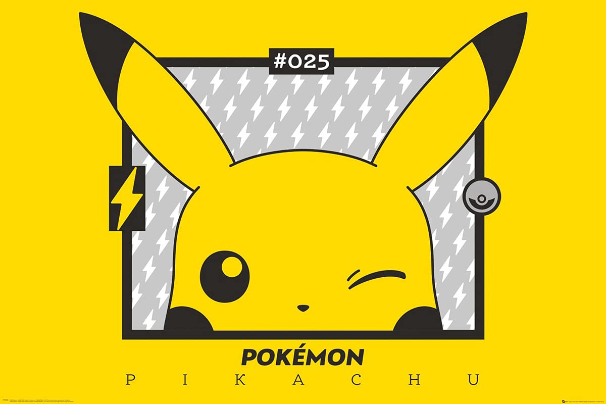 Pokemon Pikachu Winking Framed Poster - 36x24 Inch Anime Wall Art for TV Show & Gaming Fans - Perfect for Bedroom, Game Room & Office Decor