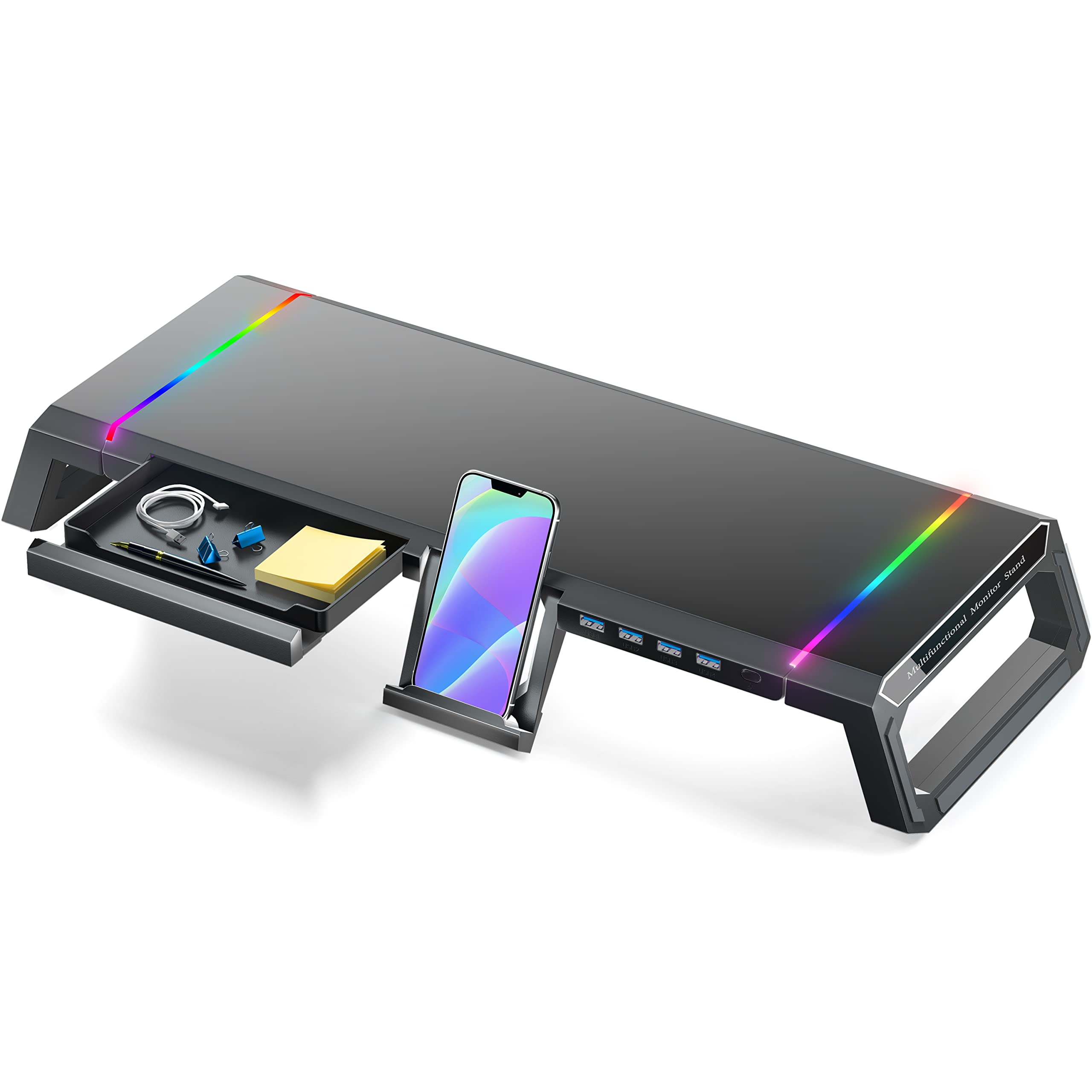 TopMate RGB Gaming Monitor Stand with USB 3.0 Hub, Foldable Desk Riser, Storage Drawer & Phone Holder - Black | Perfect for PC, Laptop, iMac, Home Office & Gaming Setup