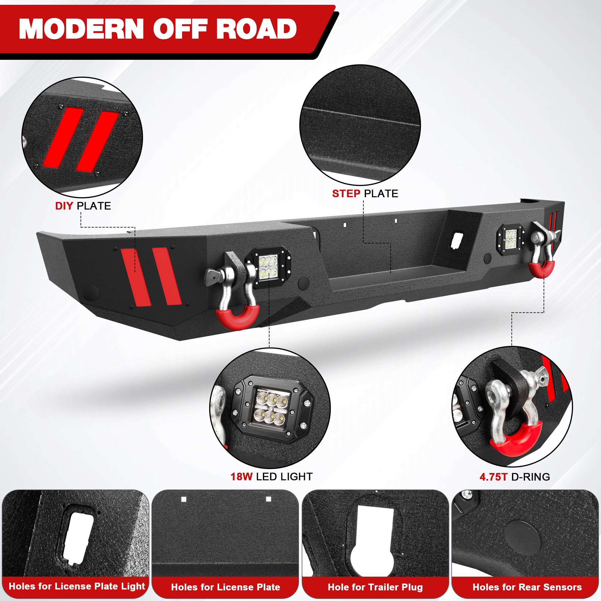 Jeep Gladiator JT Rear Bumper (2020-2024) - Textured Black Truck Bumper with Step Plate, LED Lights, Sensor Holes & D-Rings | Heavy Duty Off-Road Protection for Jeep Pickup | Perfect for Trail Riding, Overlanding & Daily Driving
