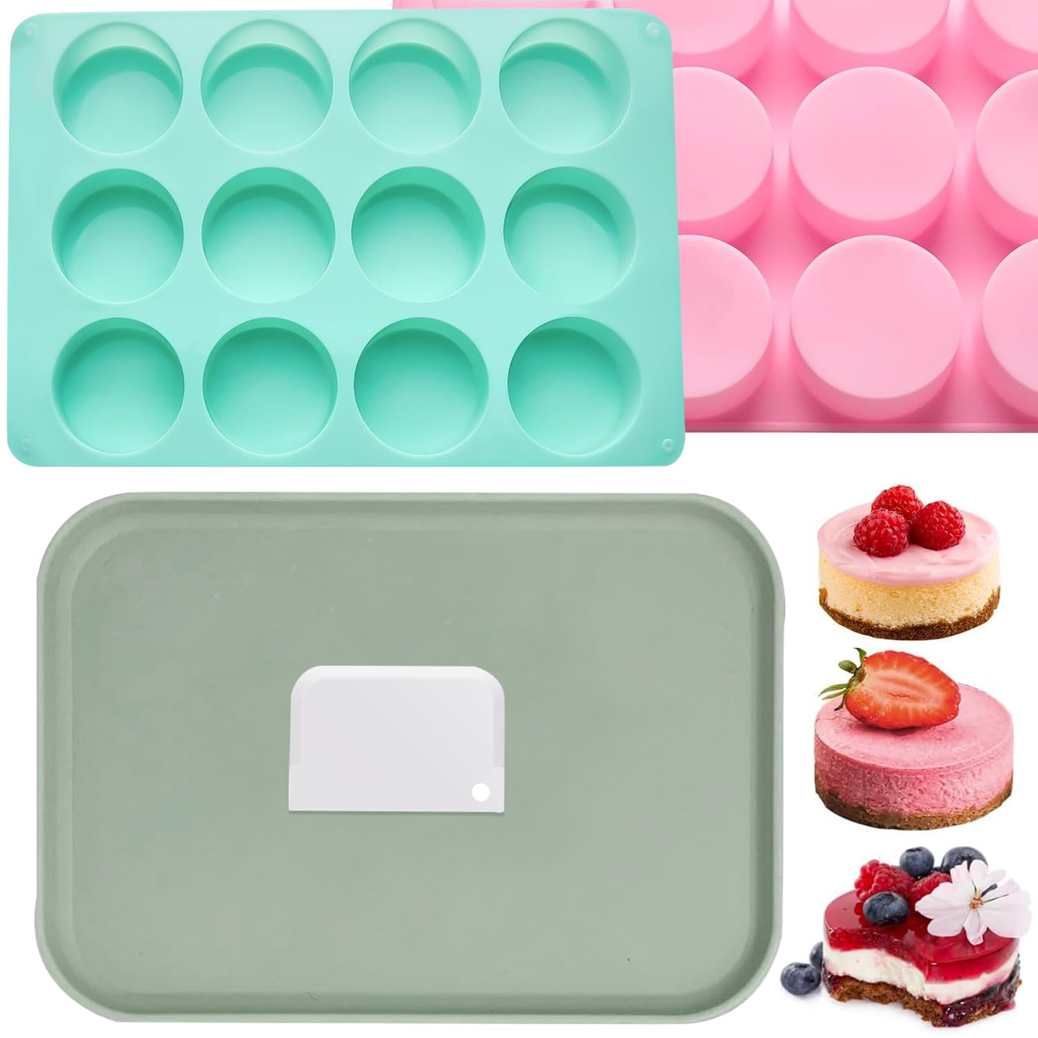 12-Cavity Round Silicone Chocolate Cookie Molds Set for DIY Baking - Includes 2 Same-Size Molds, Tray & Scraper - Perfect for Cakepucks, Candy, Pudding, Jelly Making at Home or Bakery