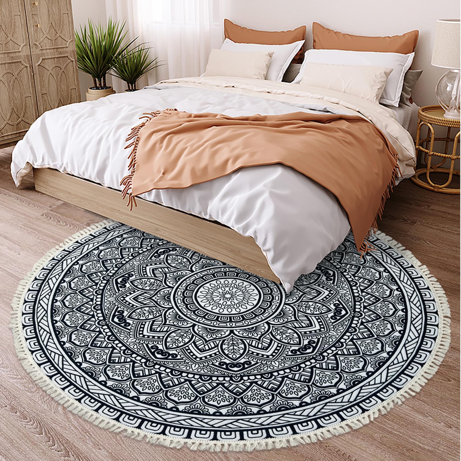 5Ft Round Boho Rug - Floral Farmhouse Carpet for Kids Bedroom & Living Room Decor
