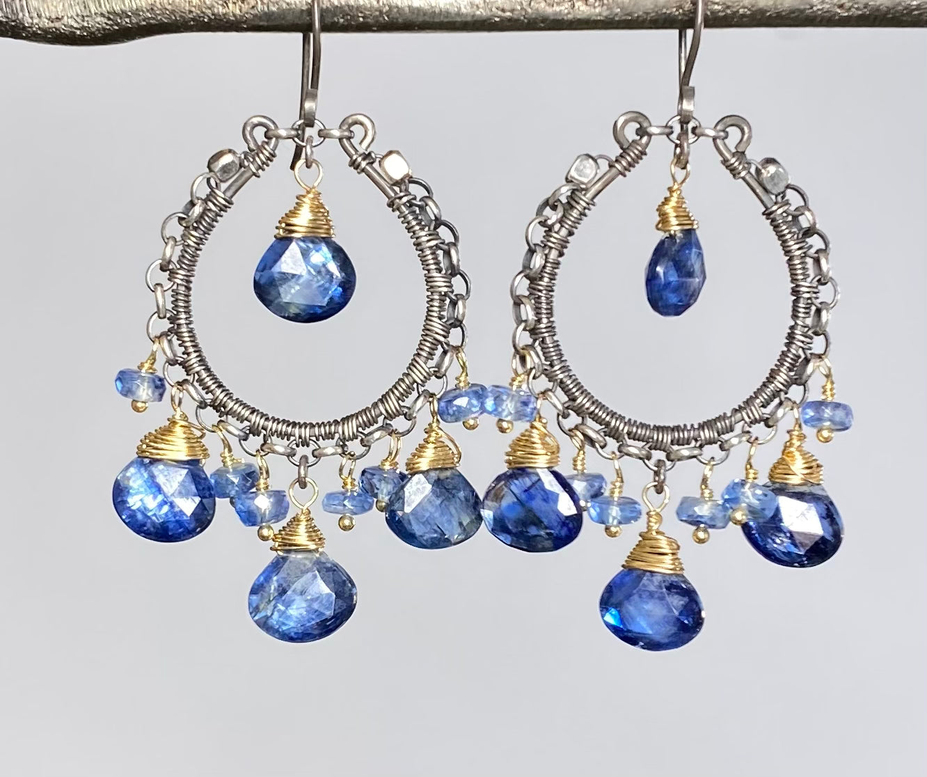 Blue Kyanite Gemstone Hoop Earrings - Gold Filled & Oxidized Sterling Silver Mixed Metal Jewelry for Women | Perfect for Everyday Wear, Parties & Special Occasions