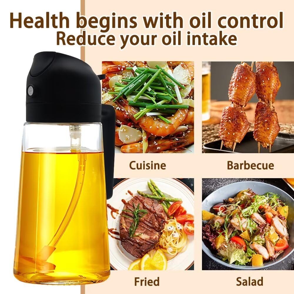 Premium 2-in-1 Glass Oil Dispenser & Sprayer - 470ml Kitchen Oil Spray Bottle for Olive Oil, Vinegar & Cooking - Perfect for Salad Making, Baking, Frying & BBQ - Black (Ideal for Healthy Cooking & Meal Prep)