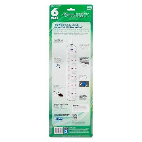 6-Outlet Surge Protector Power Strip with 2M/6.5ft Cord - Elegant Design for Home, Office & Travel | DE 296