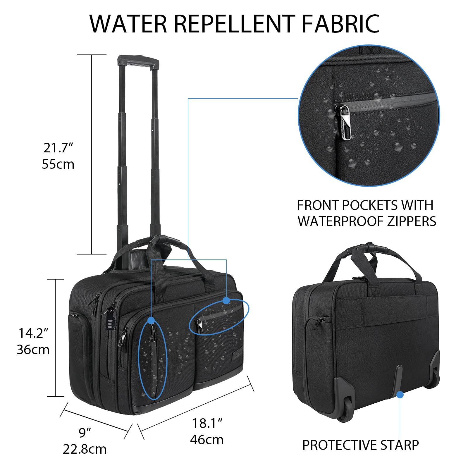 17.3 Inch Rolling Laptop Bag - Waterproof Overnight Travel Business Briefcase with Wheels, Stylish Black Carry-On Luggage for Work, Commuting & Air Travel