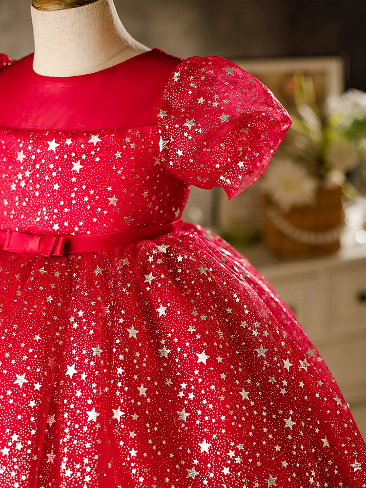 Burgundy Princess Round Tea Length Organza Flower Girl Dress for Weddings & Special Occasions