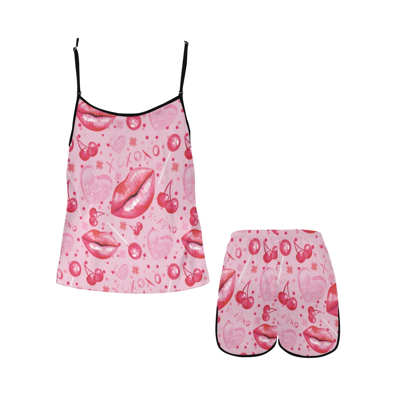 Cherry Love Spaghetti Strap Short Pajama Set for Women - Soft Summer Sleepwear & Lounge Outfit - Perfect for Bedtime, Relaxing at Home, and Vacation Comfort