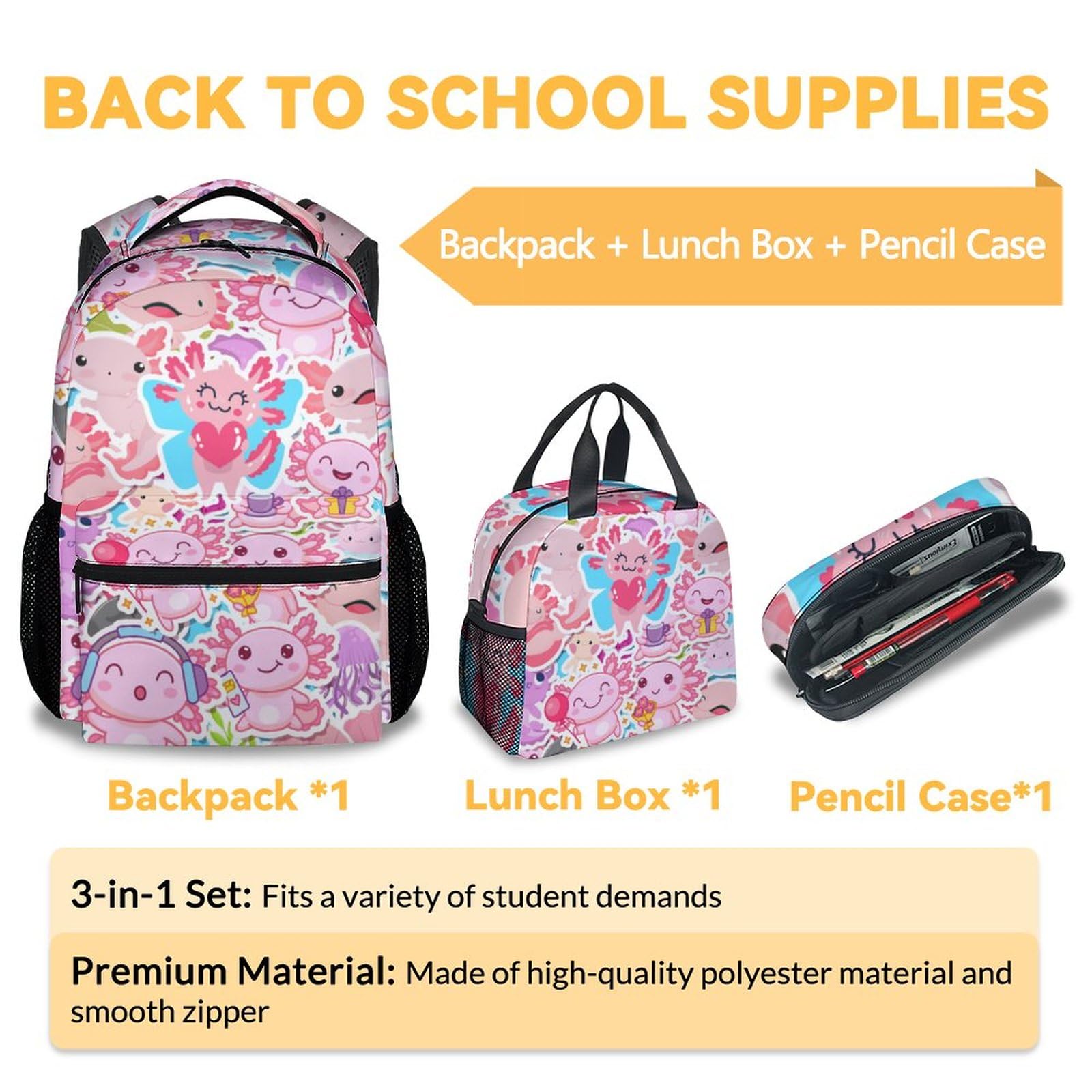 Cute Pink Axolotl Backpack Set for Girls - Matching Lunch Box & Pencil Case Combo, Durable School Bookbag with Cartoon Design | Perfect for Elementary School, Daycare & Travel Accessories