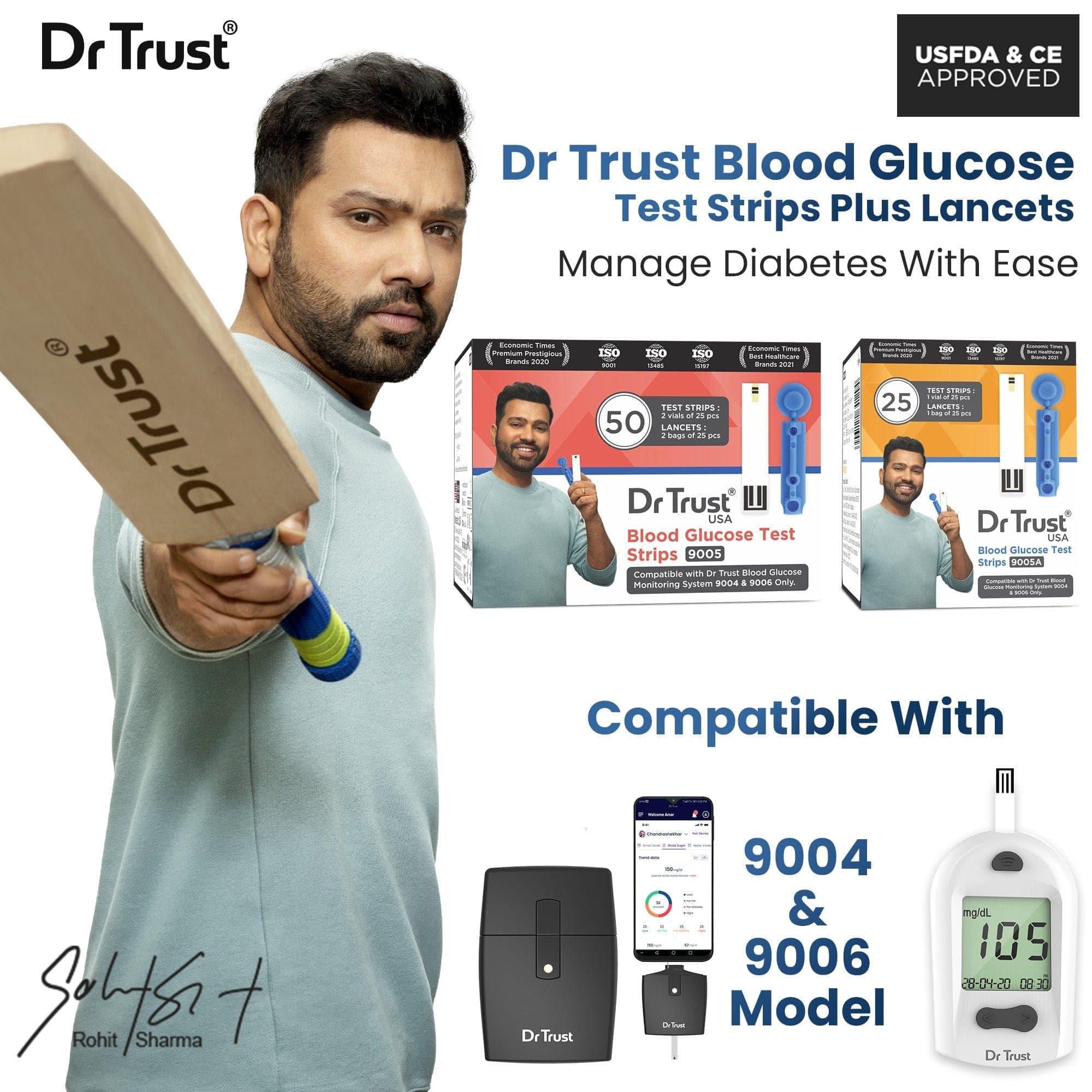 Dr Trust USA Glucometer Test Strips 9005 - 25 Count (Compatible with Dr Trust GlucoSMART 9004 & 9006) - Expiry April 2024 - Accurate Blood Sugar Monitoring for Diabetes Management at Home