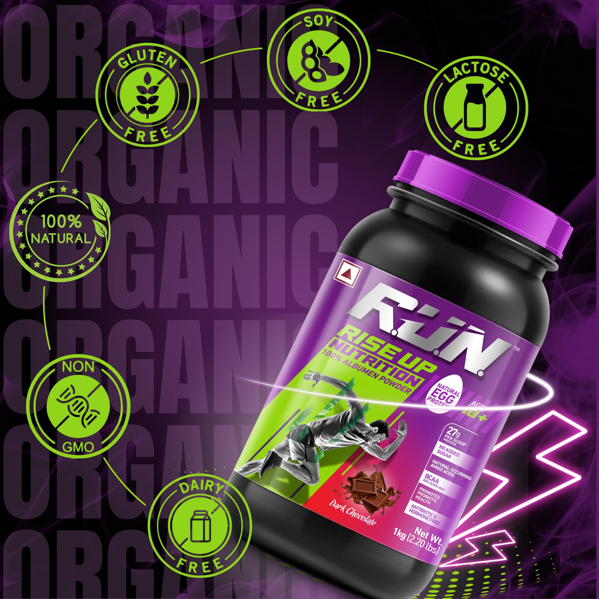 R.U.N-RISE UP NUTRITION Egg White Protein Powder for Athletes & Fitness | 27g Protein, 14g EAA | Lactose, Soy & Gluten Free | Dark Chocolate Flavor (1kg) - Supports Muscle Recovery & Immunity for Gym, Workout & Post-Training