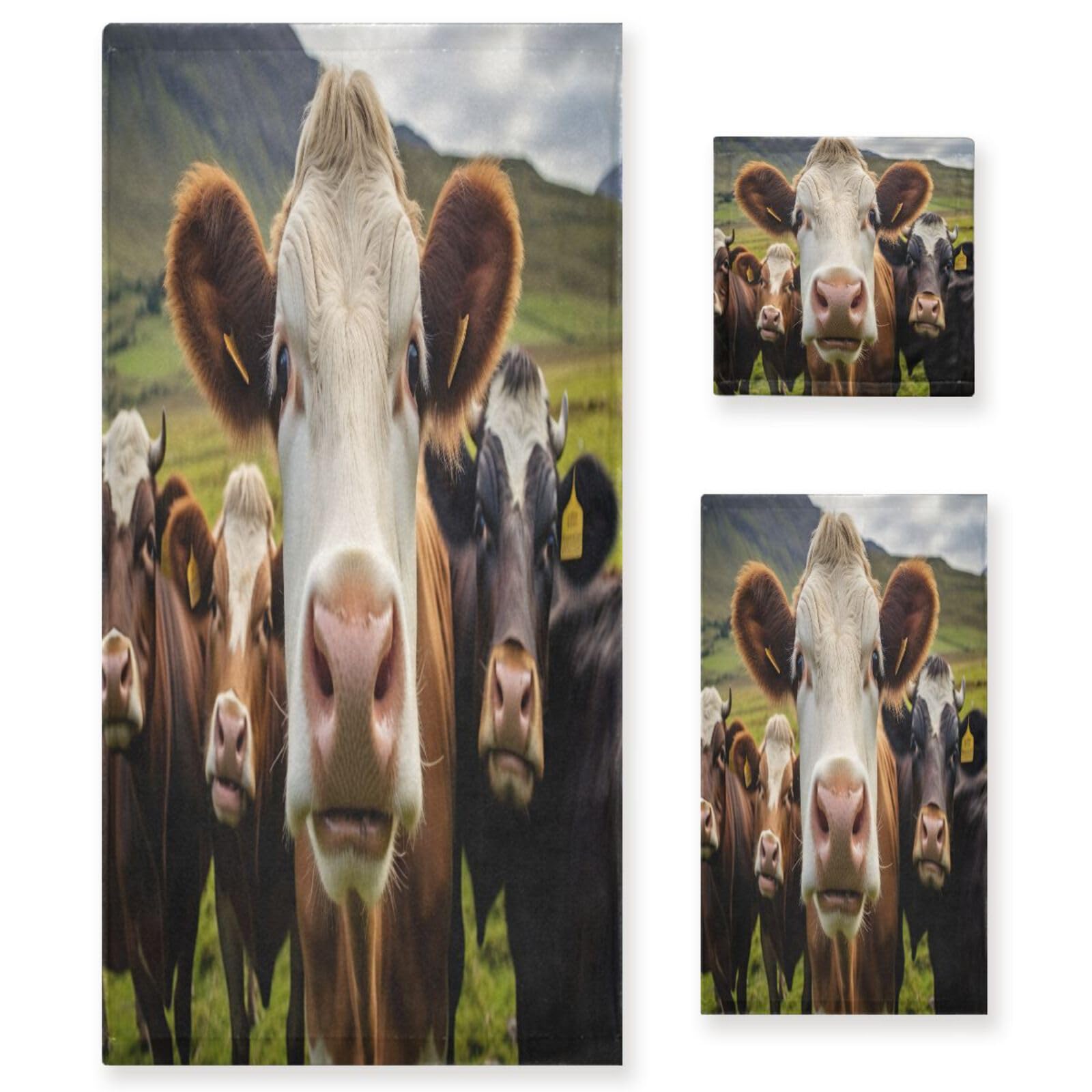 Funny Cow Print Bath Towel Set of 3 - Super Soft & Absorbent Bath, Hand & Washcloth Towels for Home, Beach, Hotel, Gym, Swim & Spa | Perfect Bathroom Decor & Gift Idea