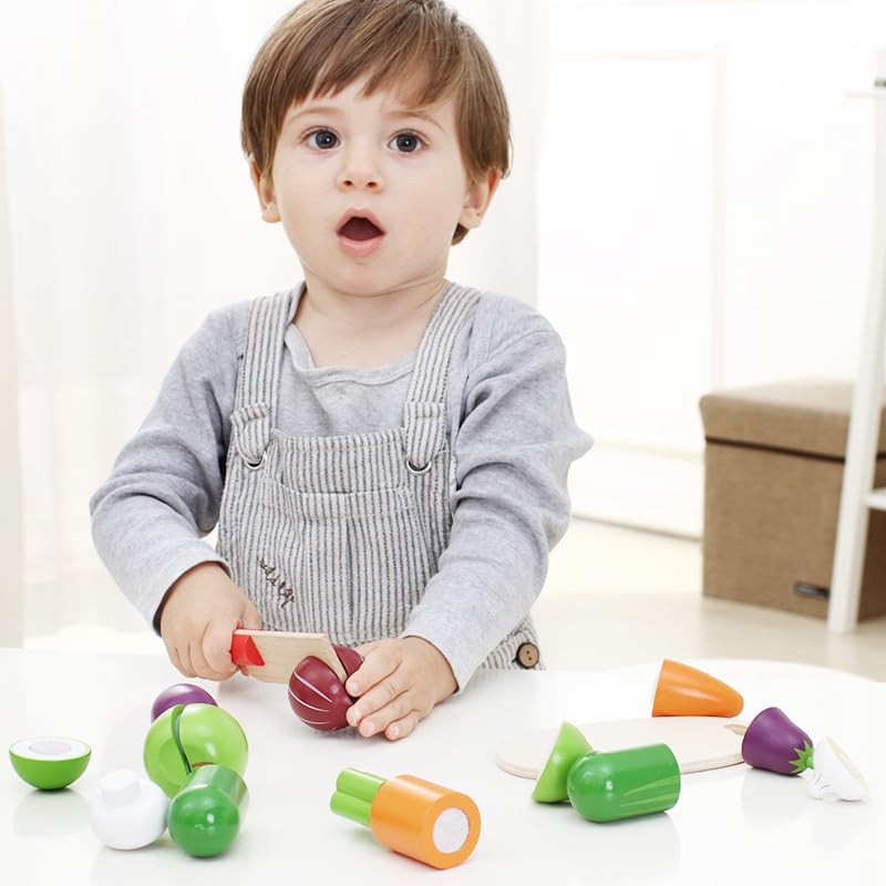 Velcro Wooden Play Food Set for Kids - Pretend Fruits & Vegetables for Play Kitchen, Early Learning Toys for Toddlers 3+ Years Old - Perfect for Role Play, Cooking Games & Educational Fun for Boys & Girls