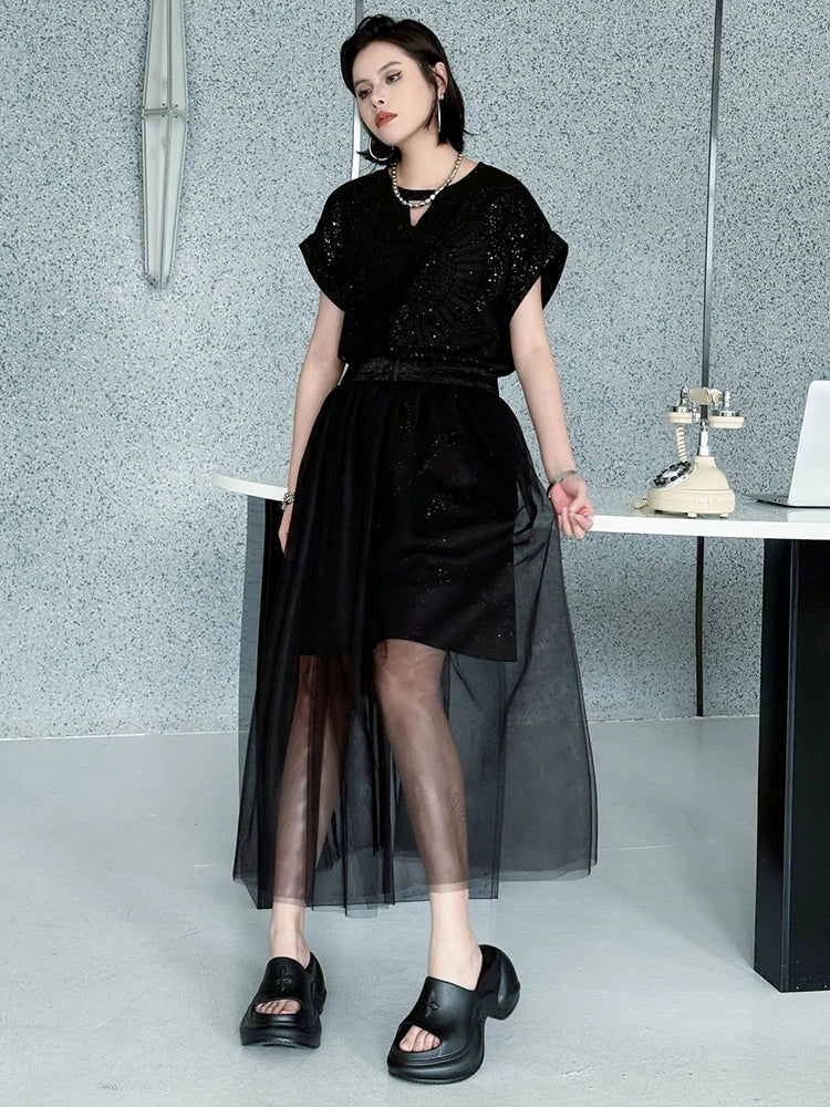 Black Sequin Mesh Dress 2-Piece Set Round Neck Short Sleeve Women's Fashion Outfit for Spring Summer 2025 | Perfect for Parties, Weddings & Night Out