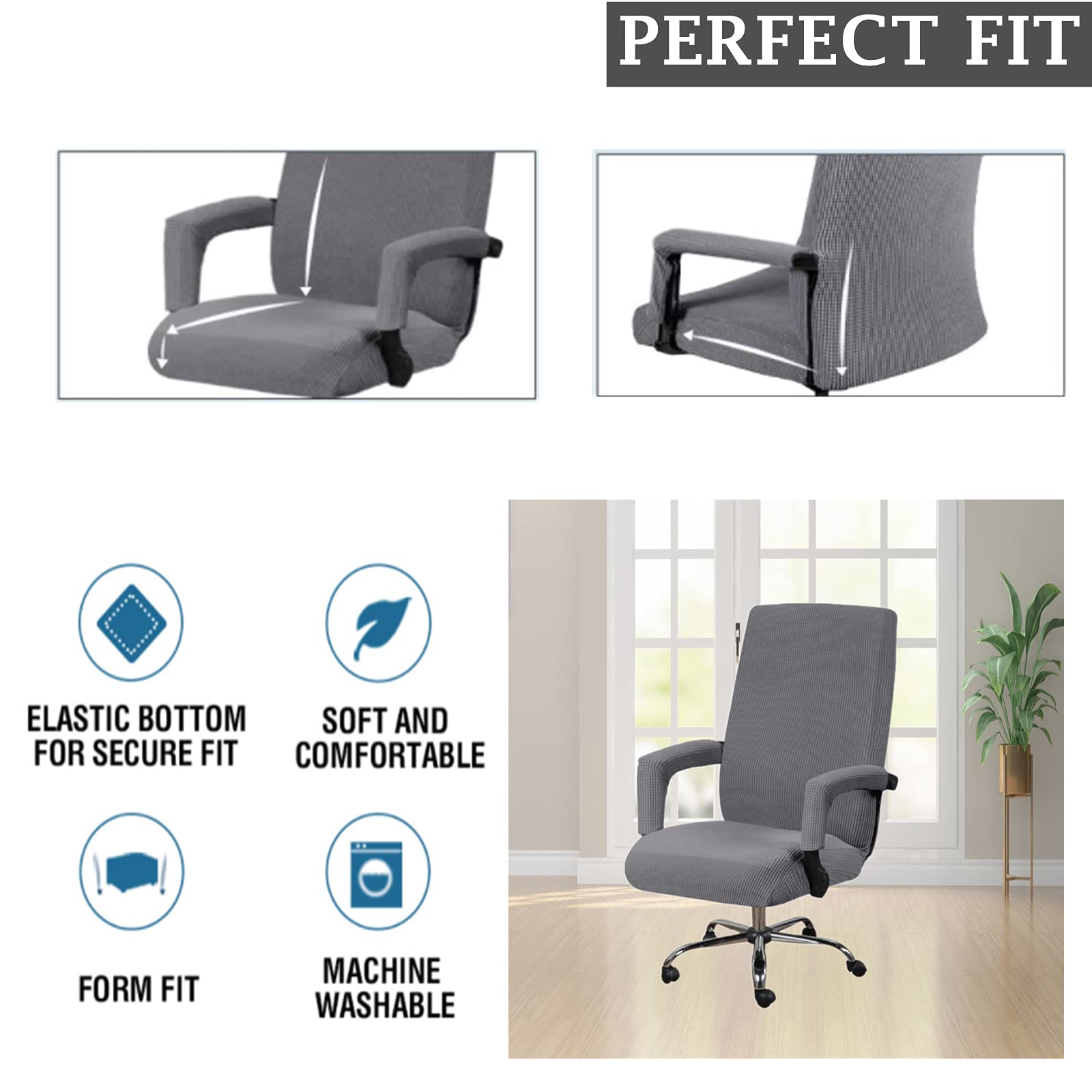 Stretchable Washable Office Chair Covers - Universal Fit for Computer & Rotating Chairs (Large, Grey) - Perfect for Home Office & Conference Rooms