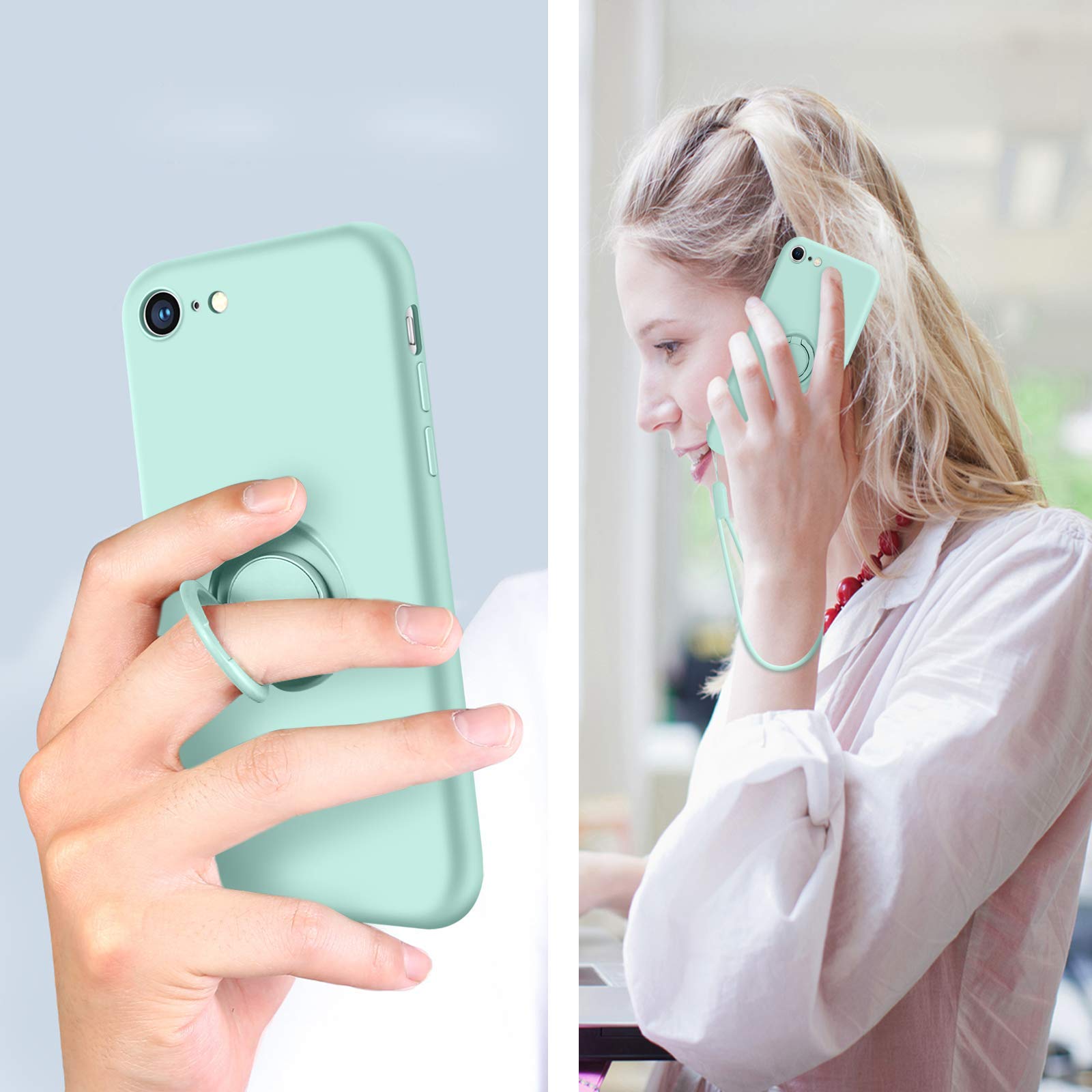 Premium Slim Silicone Shockproof Case for iPhone SE 2022/2020/8/7 - Soft Rubber Hybrid Protection with 360° Ring Kickstand - Mint Green Phone Cover for Women & Girls - Perfect for Daily Use, Travel & Outdoor Activities