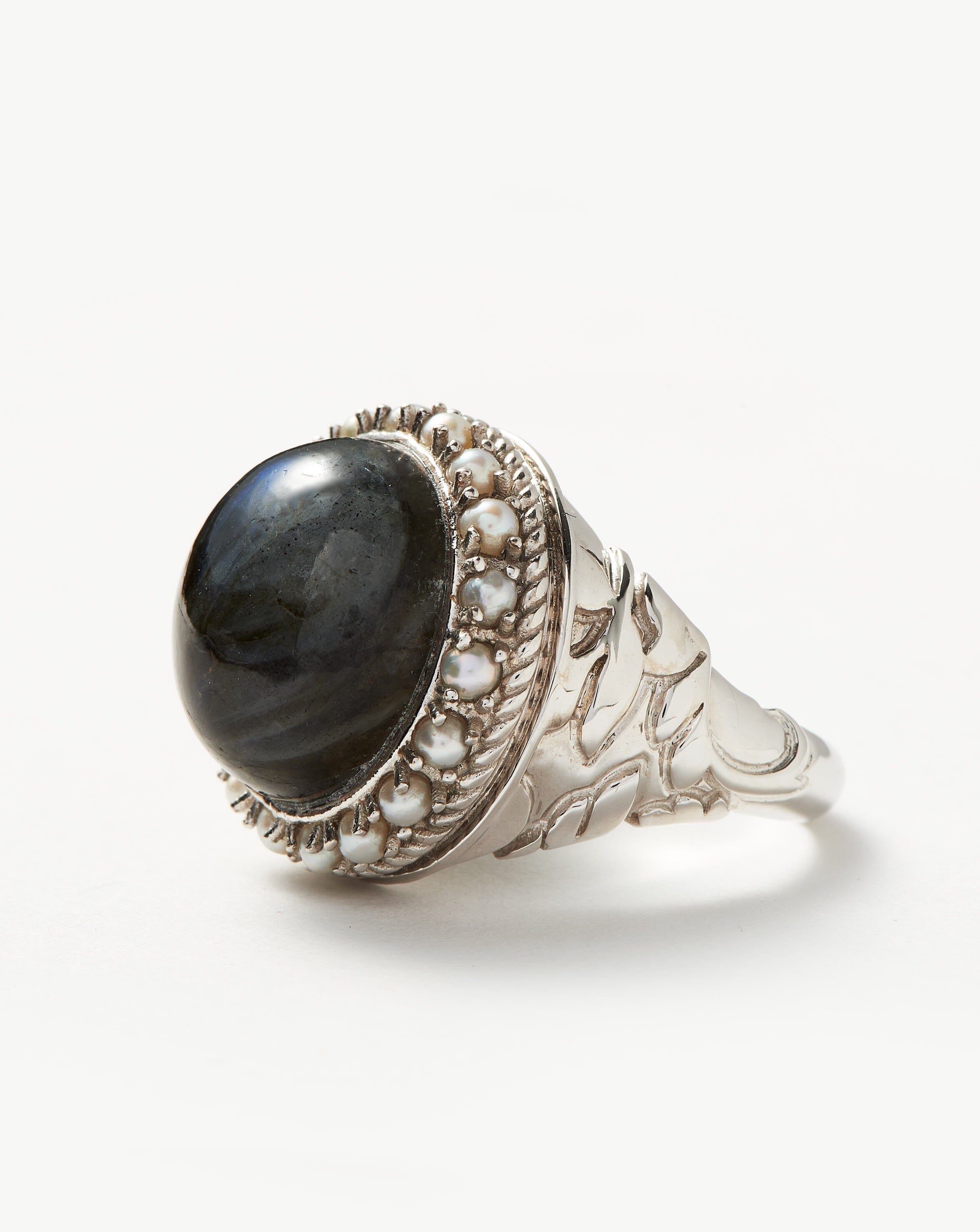 Harris Reed Labradorite Cocktail Ring - Sterling Silver Plated with Genuine Pearl & Natural Labradorite Gemstone | Elegant Jewelry for Women, Perfect for Parties, Weddings & Special Occasions