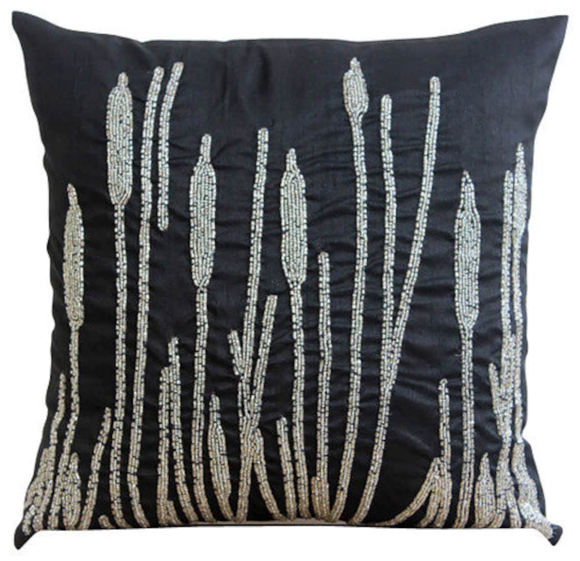 Premium Silk Zippered Pillow Covers 16x16 inch (40x40 cm) - Black Beauty Floral Design for Sofa, Bed & Home Decor - Luxury Throw Pillow Cases with Hidden Zipper for Couch, Living Room & Bedroom