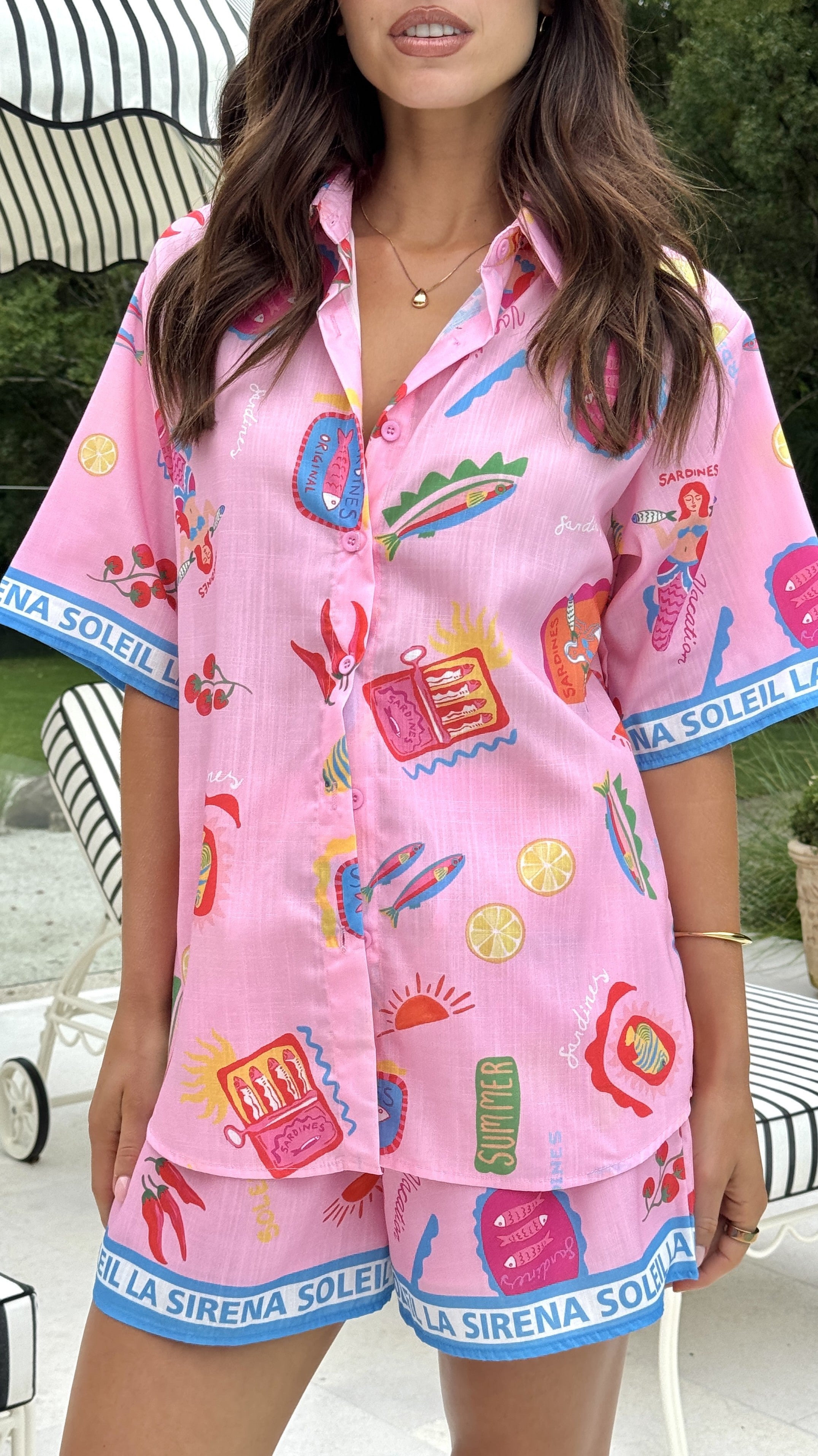 La Sirena Women's Button Up Shirt and Shorts Set - Pink Soleil Floral Print Outfit for Summer Beach Vacation & Casual Wear