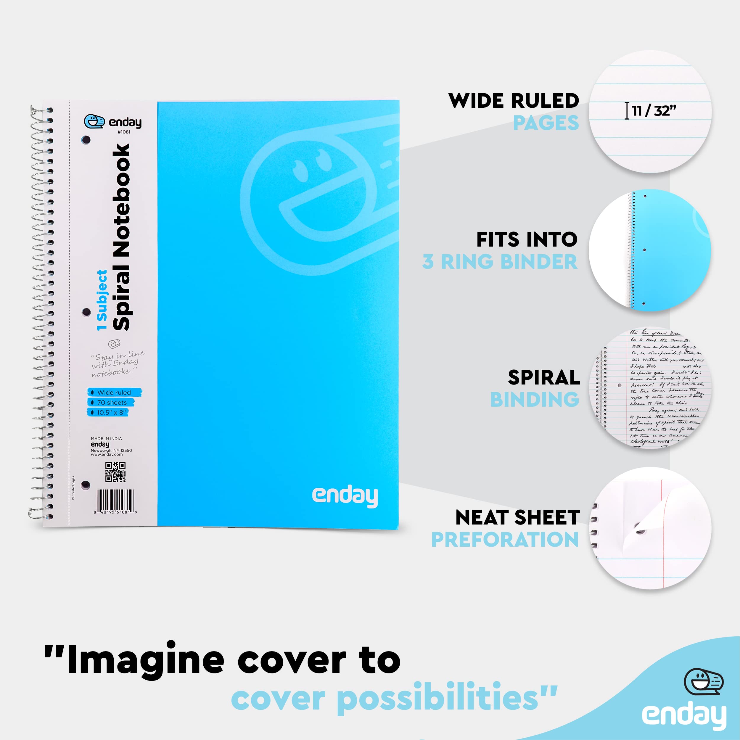 Enday Spiral Notebook Wide Ruled - 1 Subject Hardcover Spiral Bound Notebook, 70 Sheets Lined Paper for School, College & Office, 6 Pack (Pink, Purple, Green, Blue, Red, Grey) - Perfect for Note Taking, Journaling & Gift Giving