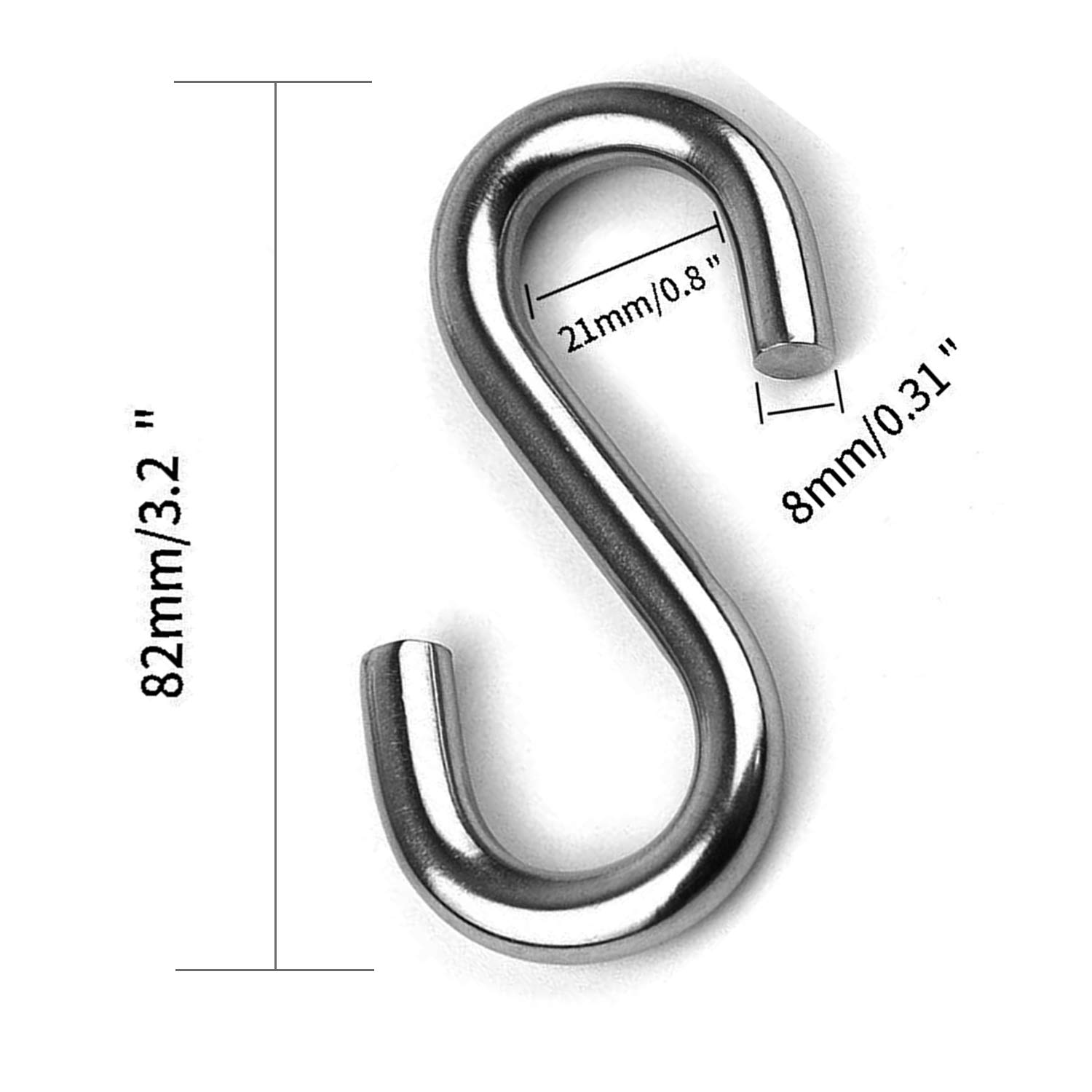 ABSOK 5-Pack Heavy Duty 304 Stainless Steel S Hooks - 3.2 Inch Long, 5/16 Inch Thick - Perfect for Hammocks, Swings, Garage Storage & Workshop Organization - Durable Hanging Solution for Home, Garden & Outdoor Use