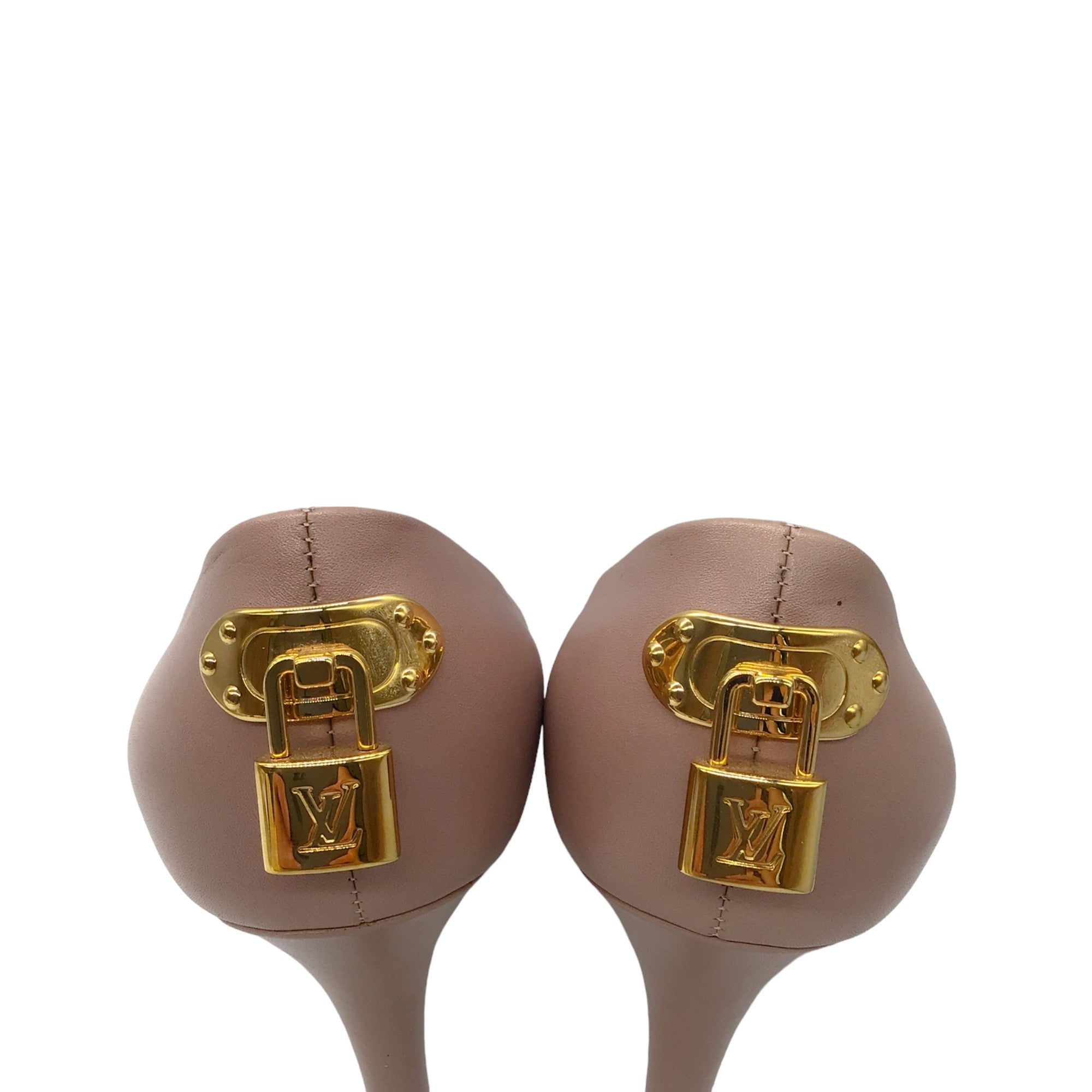 Louis Vuitton Women's Nude Gold Monogram Lock Peep Toe Pumps - Genuine Calfskin Leather High Heels for Party, Wedding & Evening Events
