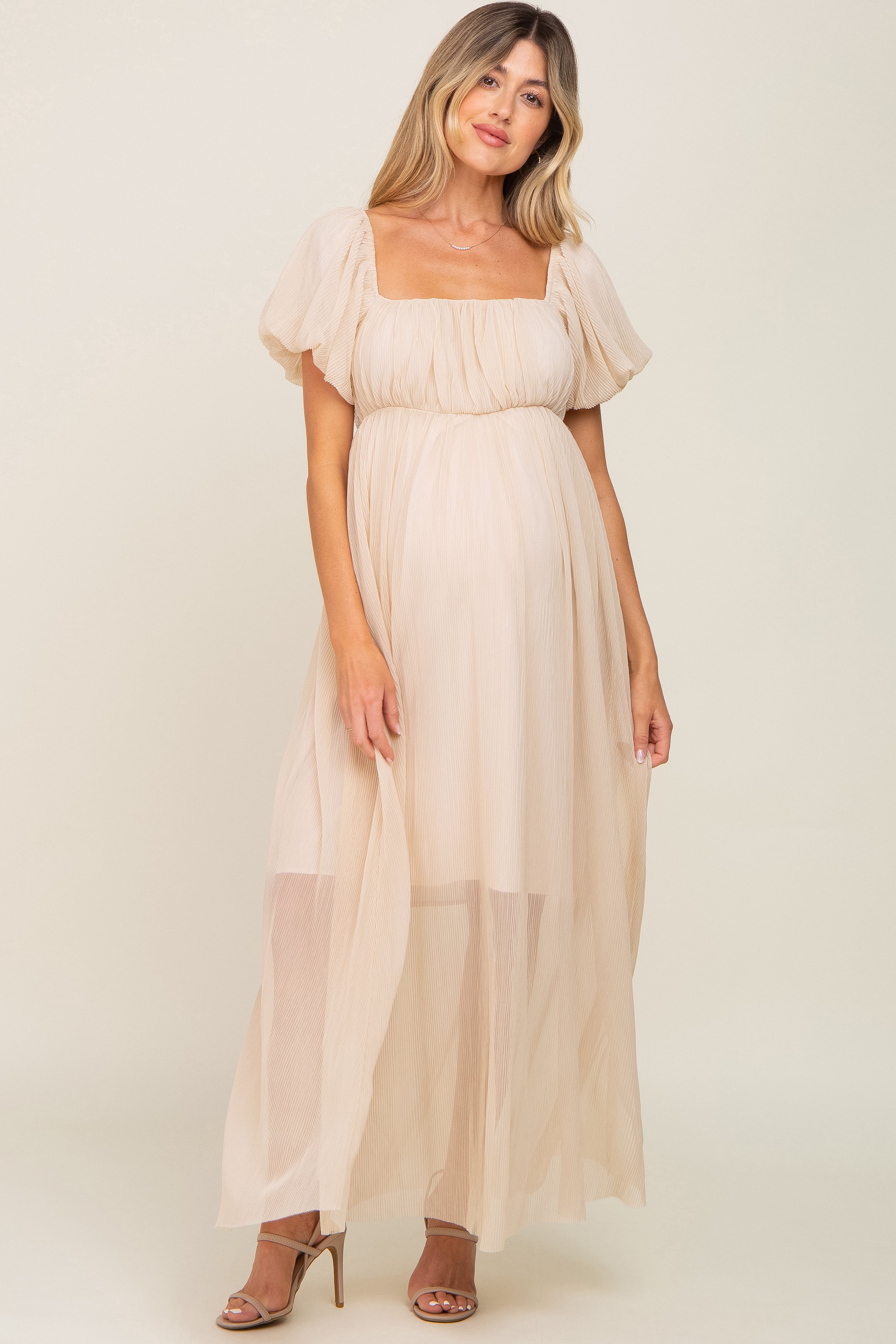 Beige Pleated Puff Sleeve Maternity Maxi Dress for Pregnancy - Comfortable Flowy Long Dress for Baby Shower, Maternity Photoshoot & Special Occasions