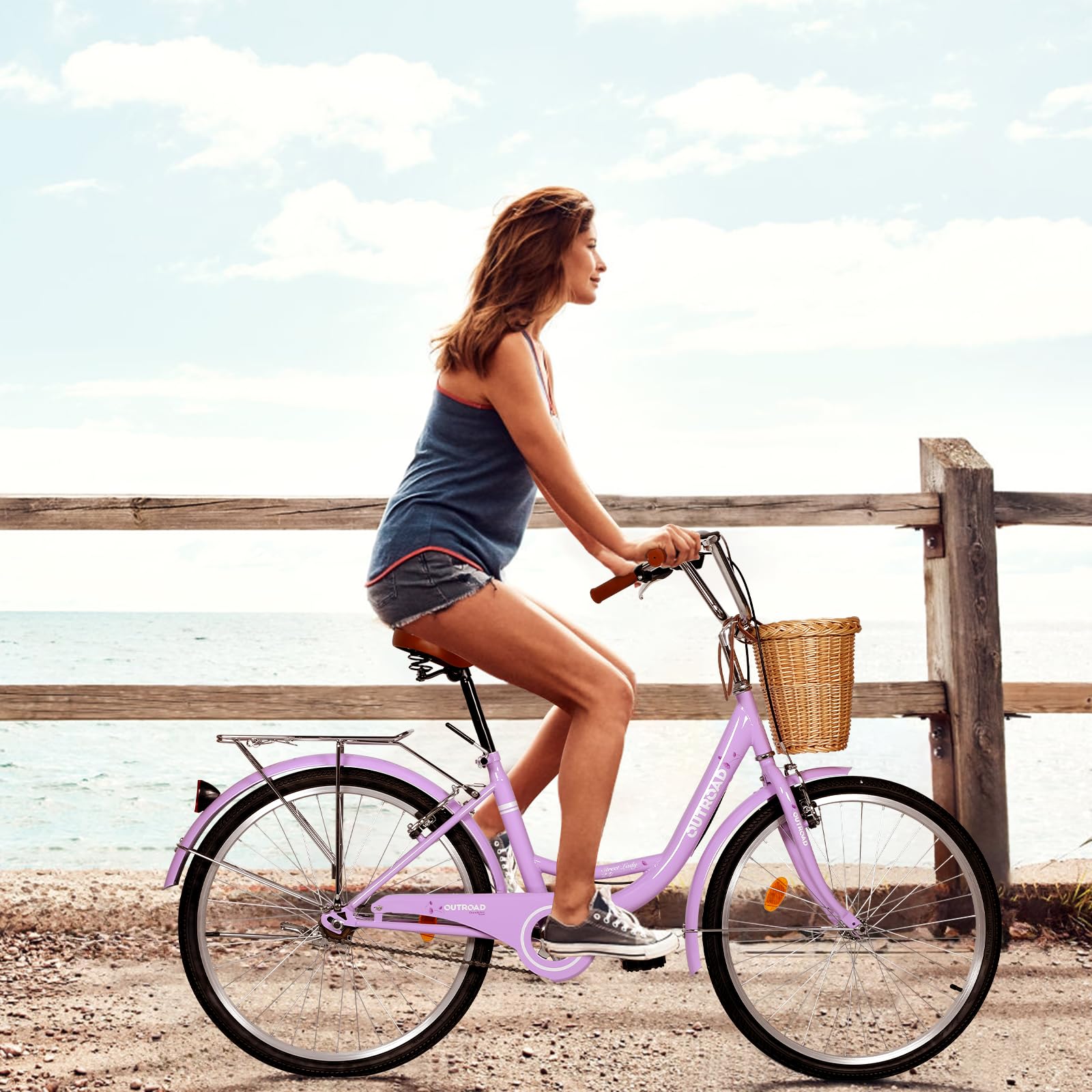 Betterland Women's Beach Cruiser Bike - 24/26 Inch Single Speed Commuter Bicycle with Front Basket, Dual V-Brakes & Adjustable Seat - Perfect for City Riding, Beach Cruising & Casual Commutes